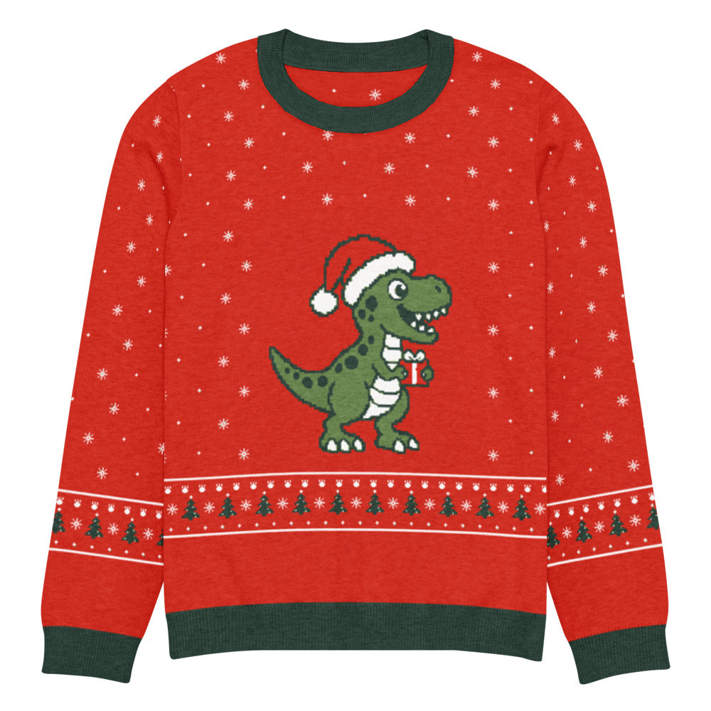 Santa Rex knitted dinosaur Christmas sweater in red with a green cartoon T-rex in a Santa hat holding a gift, white snowflakes and a Christmas tree fair-isle band