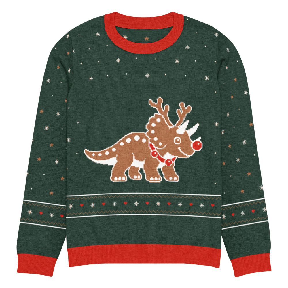 Sleighceratops knitted ugly Christmas sweater in forest green with a triceratops dressed as a reindeer with antlers, a red nose and jingle bells, plus a fair-isle snowflake and heart band