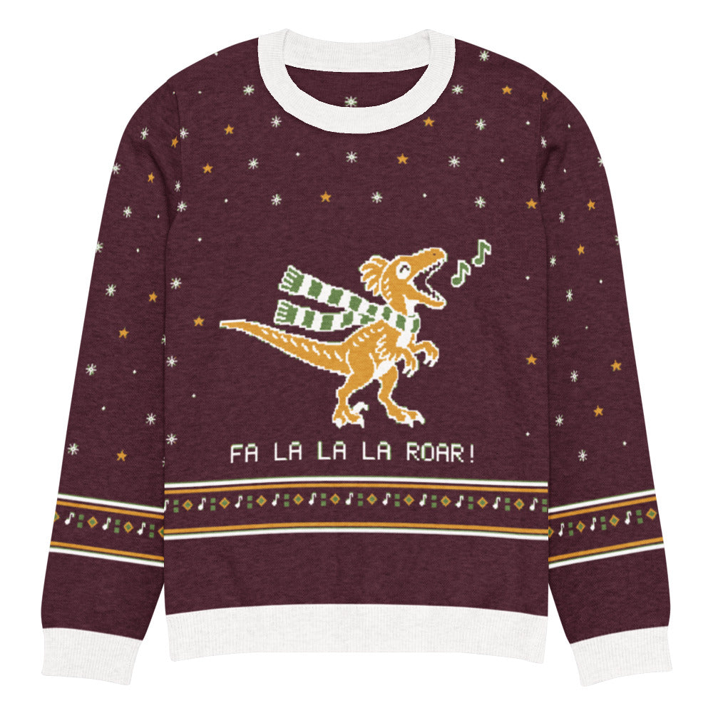 Fa La La La Roar knitted dinosaur ugly Christmas sweater in burgundy with a gold raptor singing in a striped scarf, music notes, the words FA LA LA LA ROAR and a fair-isle band