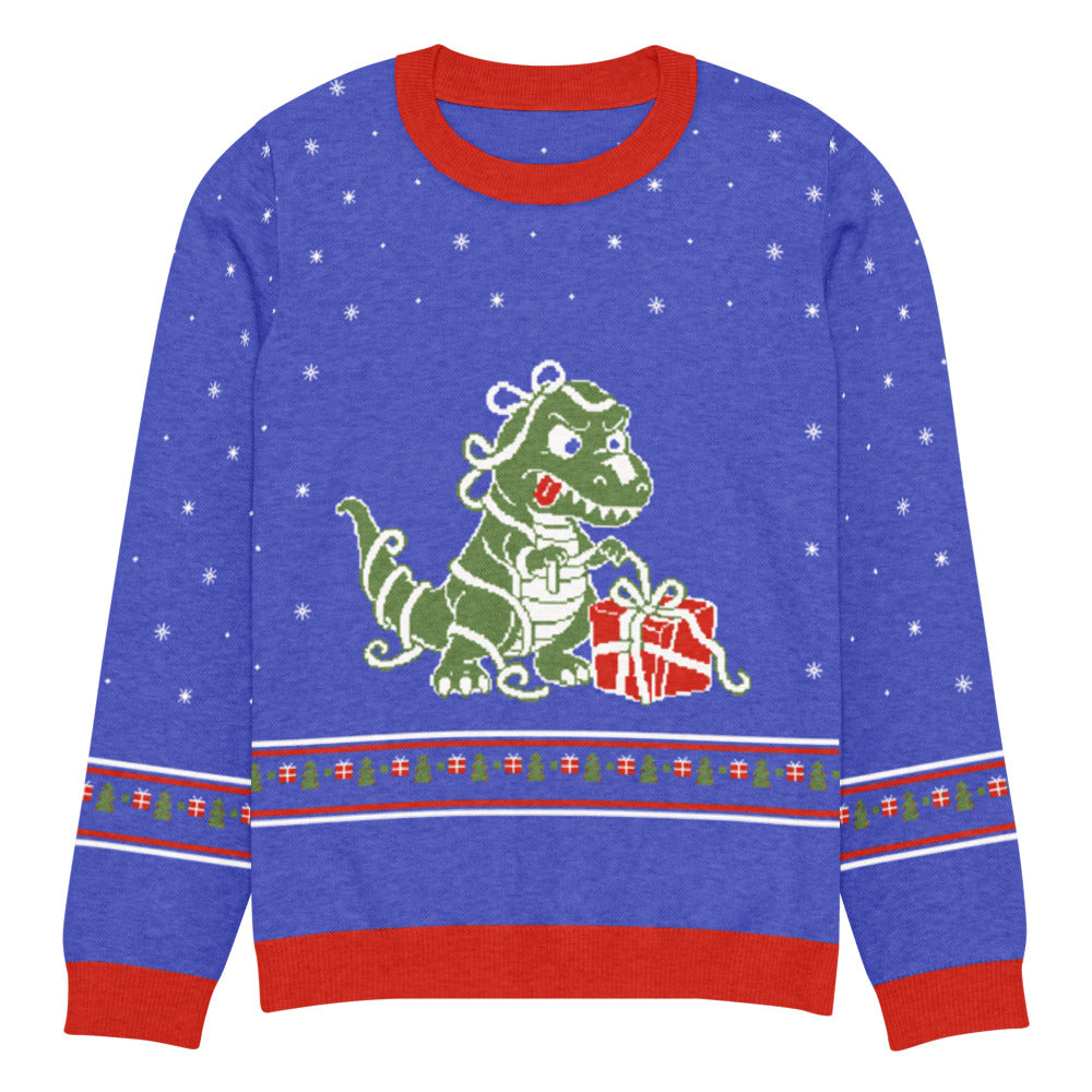 Wrap Rex knitted dinosaur ugly Christmas sweater in royal blue with a green T-rex tangled in ribbon while trying to wrap a red present with its tiny arms, snowflakes and a fair-isle present band