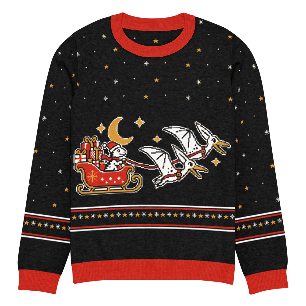 Pterodactyl Sleigh Ride knitted dinosaur ugly Christmas sweater in black with two white pterodactyls pulling a red sleigh of presents past a gold moon, stars and a fair-isle star band
