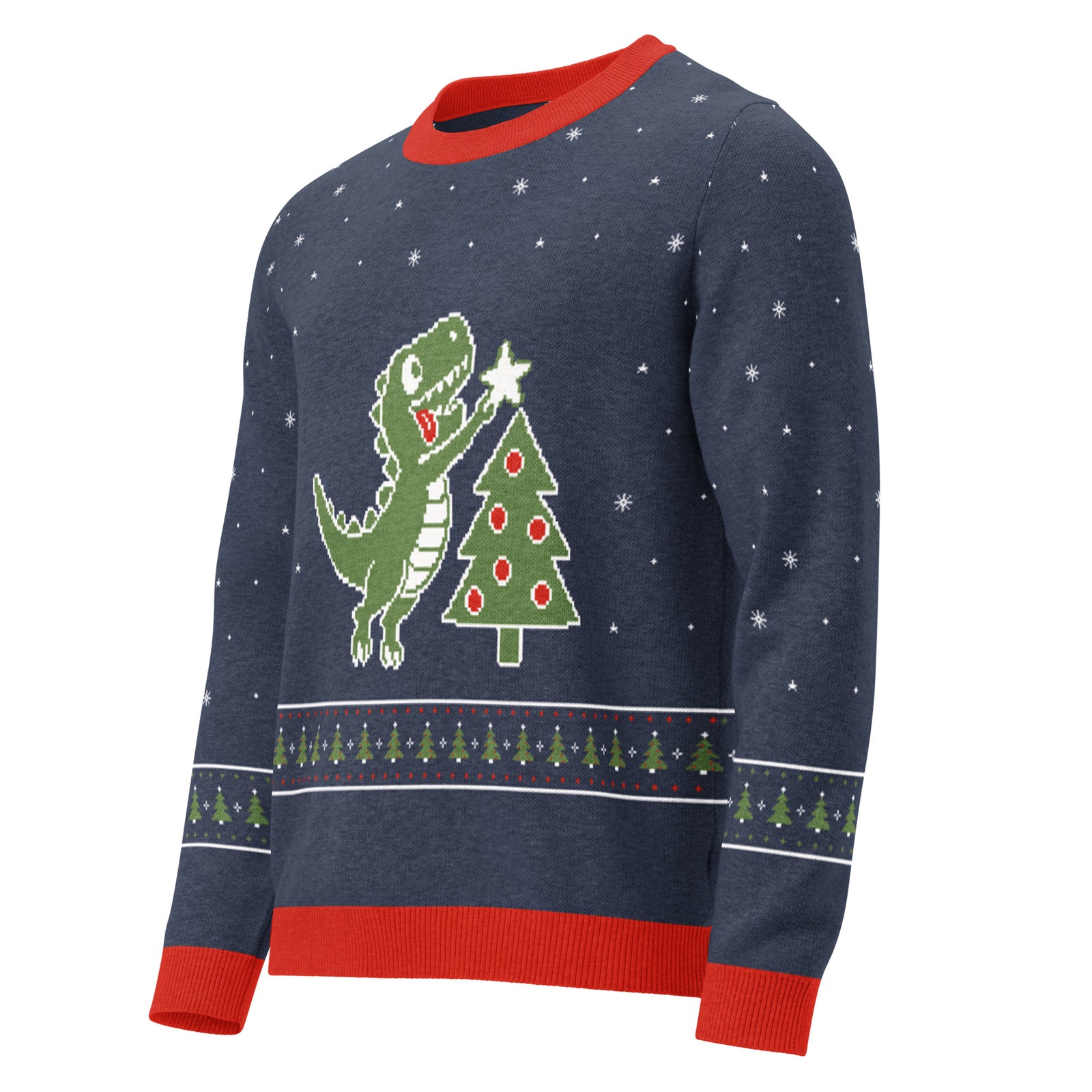 Angled front view of the navy Tree Rex knitted ugly Christmas sweater with a T-rex reaching for the star on a Christmas tree and a fair-isle tree band above the red hem