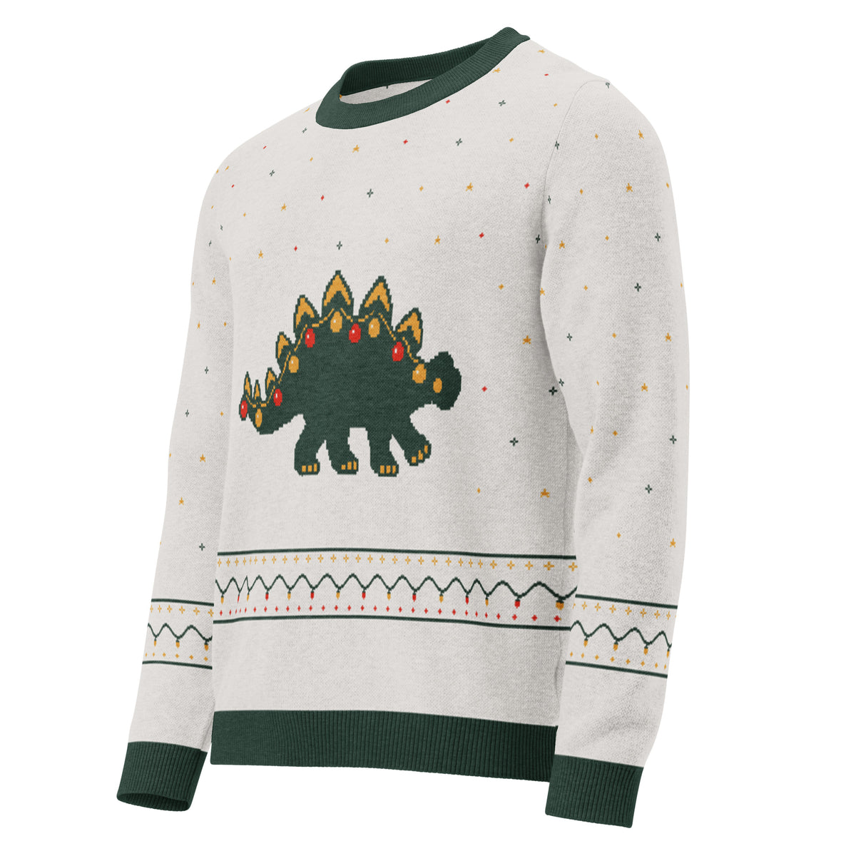 Angled front view of the cream Merry and Bright stegosaurus knitted Christmas sweater with Christmas lights on the stegosaurus plates and a fair-isle light-bulb band above the green hem