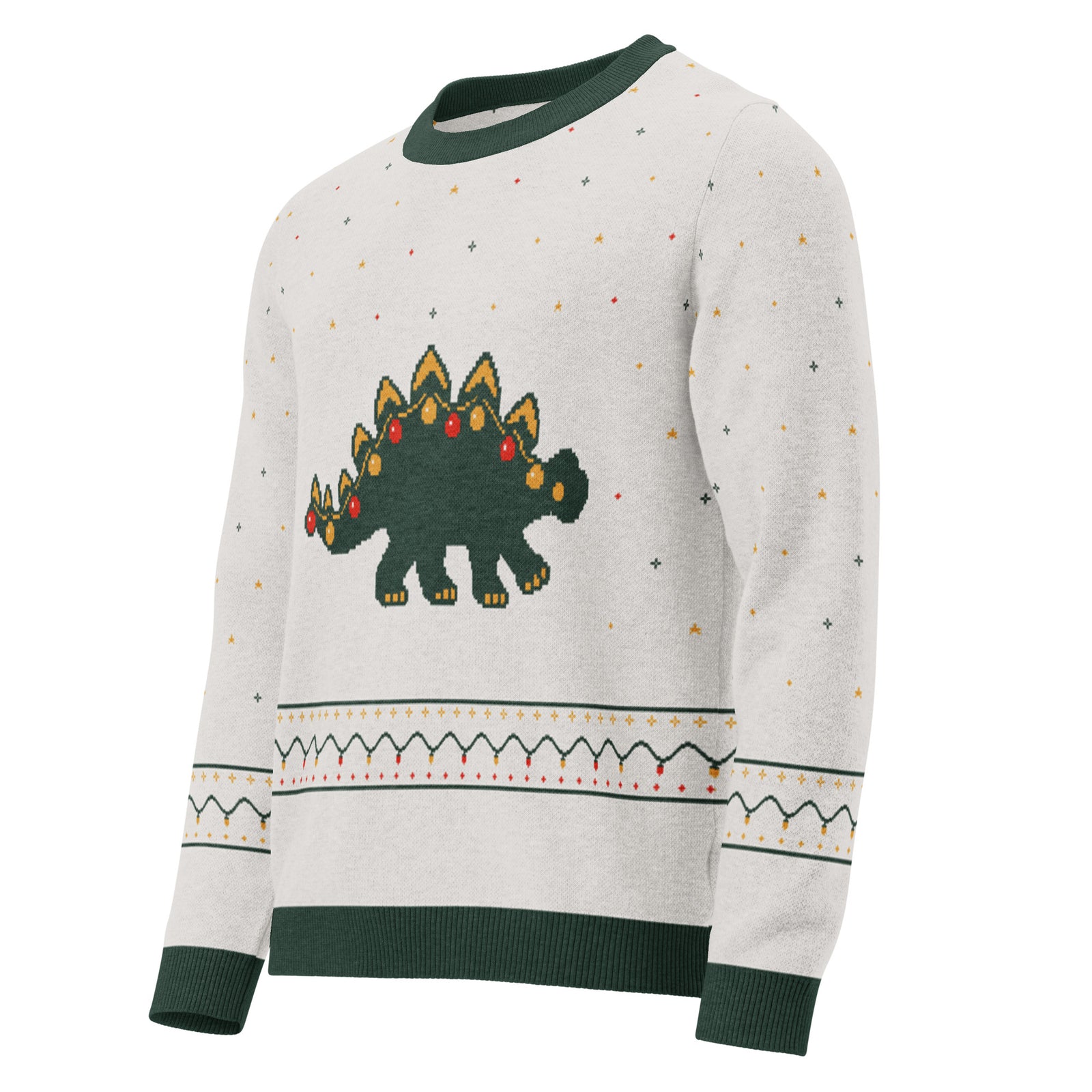 Angled front view of the cream Merry and Bright stegosaurus knitted Christmas sweater with Christmas lights on the stegosaurus plates and a fair-isle light-bulb band above the green hem