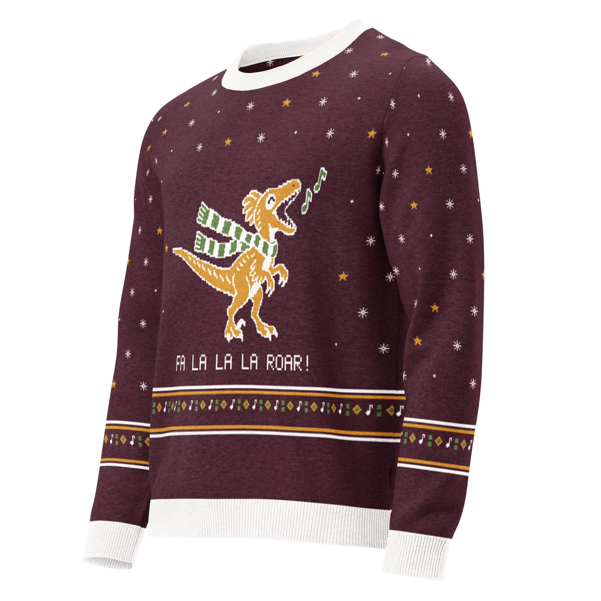 Angled front view of the burgundy Fa La La La Roar knitted ugly Christmas sweater with a gold singing raptor in a striped scarf