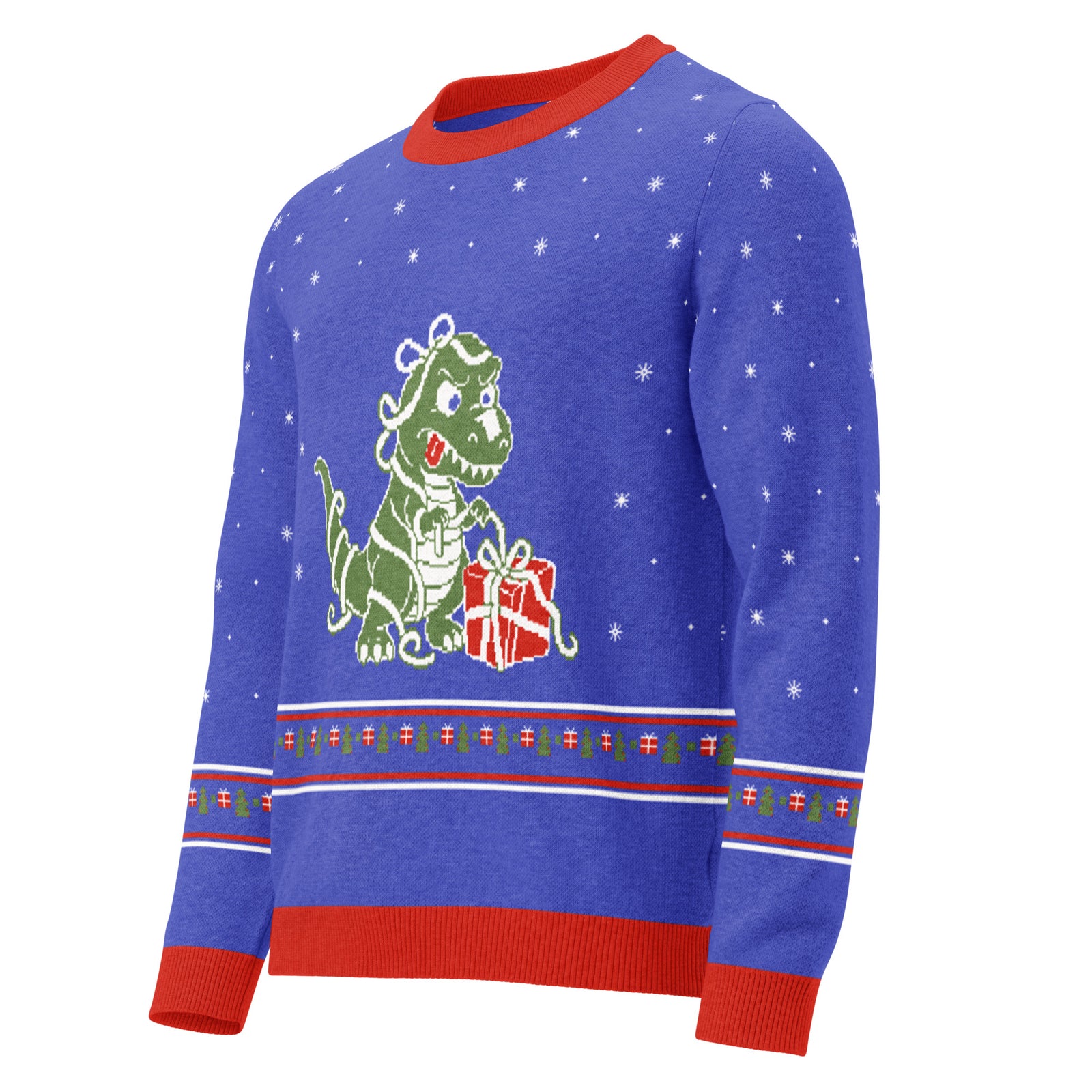 Angled front view of the royal blue Wrap Rex knitted ugly Christmas sweater with a green T-rex tangled in ribbon wrapping a red present