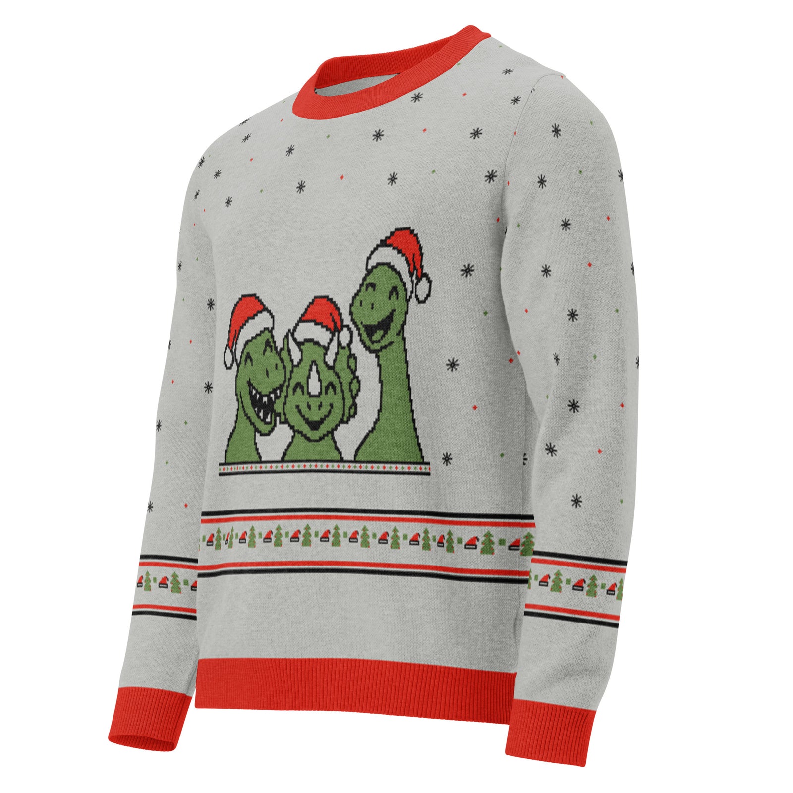 Angled front view of the light grey Santa Hat Dinos knitted ugly Christmas sweater with a T-rex, triceratops and brachiosaurus in red Santa hats
