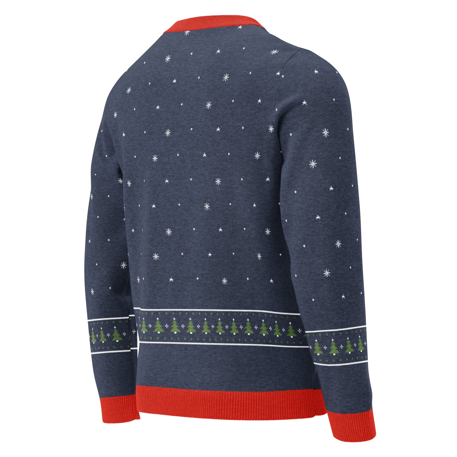Back of the navy Tree Rex knitted dinosaur Christmas sweater with snowflakes and a fair-isle Christmas tree band above the red hem