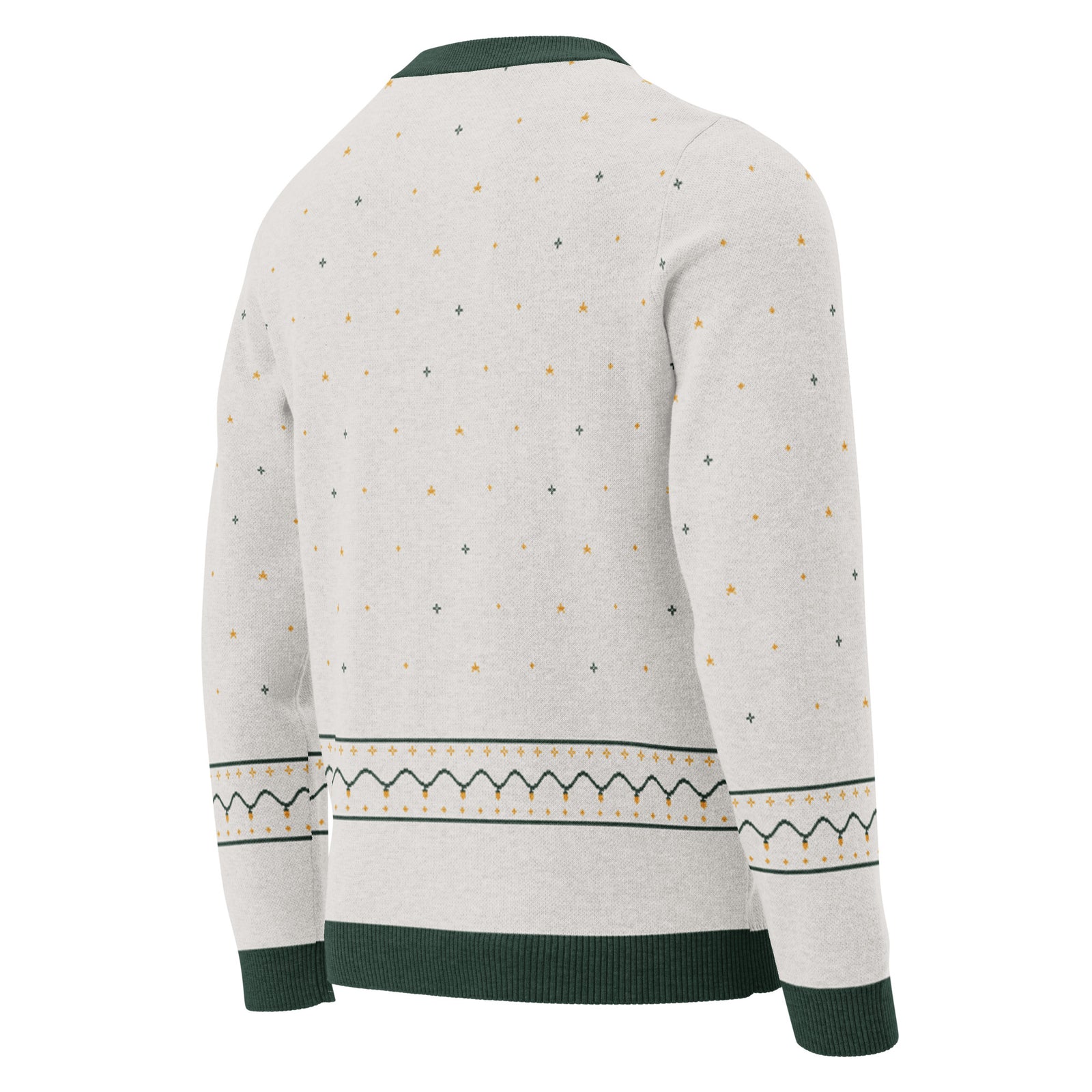 Back of the cream stegosaurus knitted Christmas sweater with tiny stars and a fair-isle band of Christmas light bulbs above the green hem