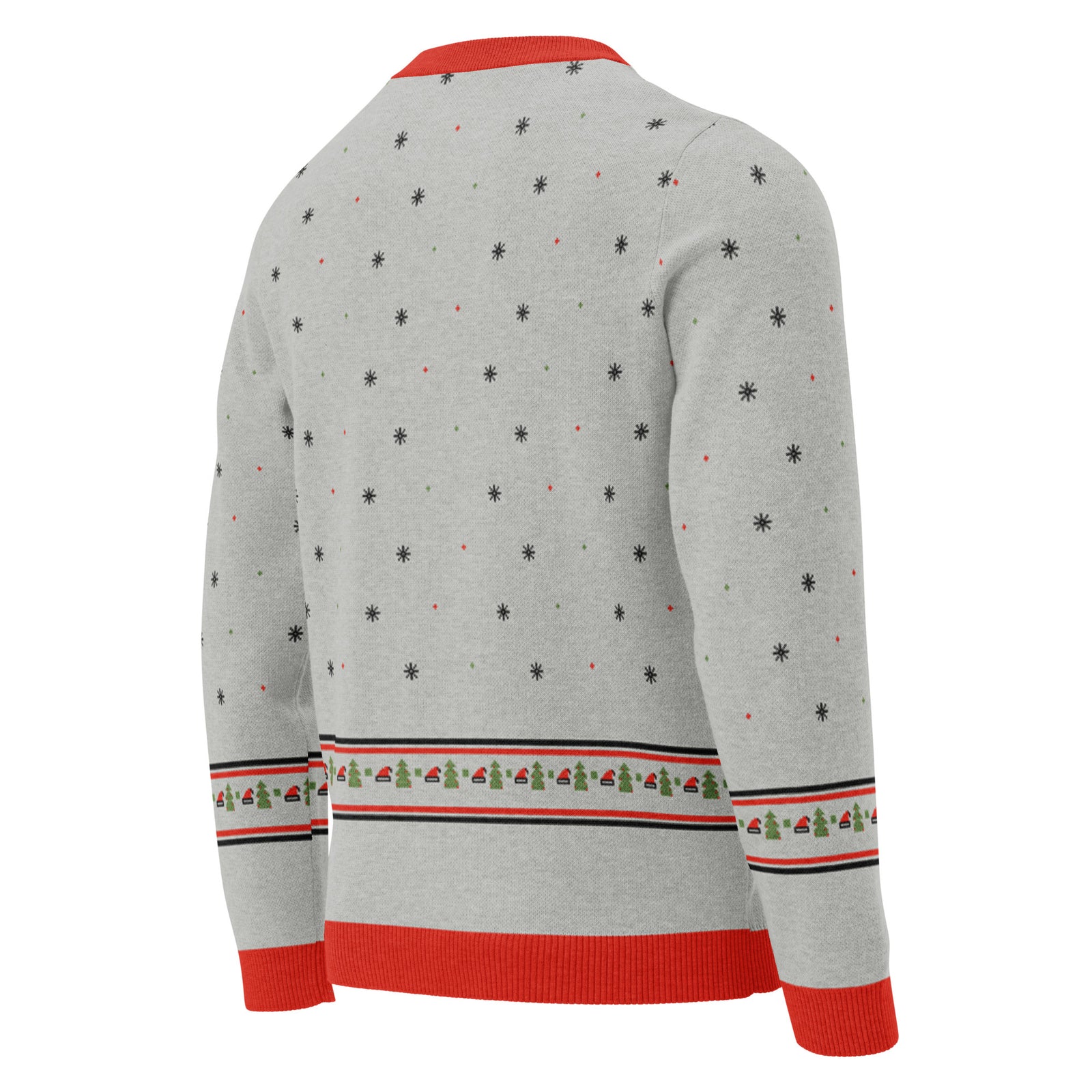 Angled back view of the light grey Santa Hat Dinos knitted Christmas sweater with snowflakes and a fair-isle Santa hat and tree band above the red hem