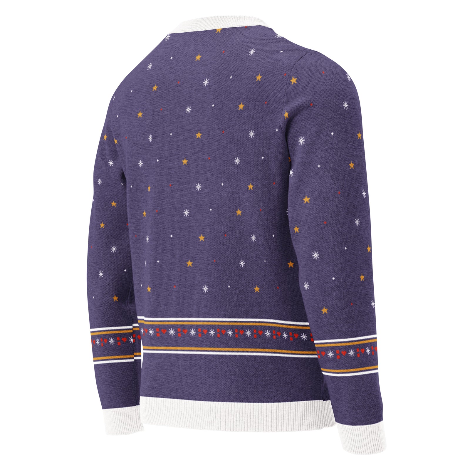 Angled back view of the violet Let It Snow knitted Christmas sweater with snowflakes, gold stars and a fair-isle band above the white hem