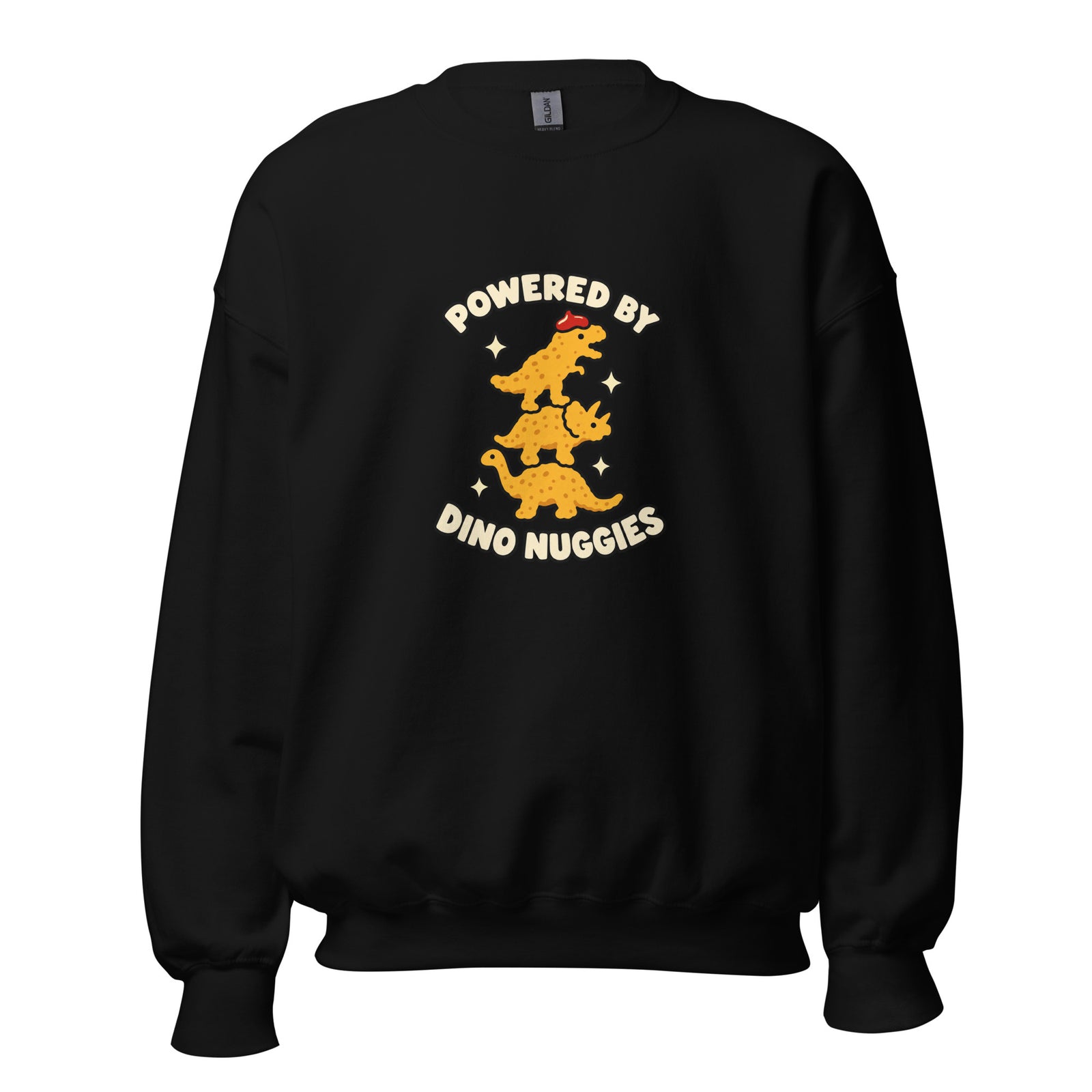 Black sweatshirt with Powered by Dino Nuggies design, front view