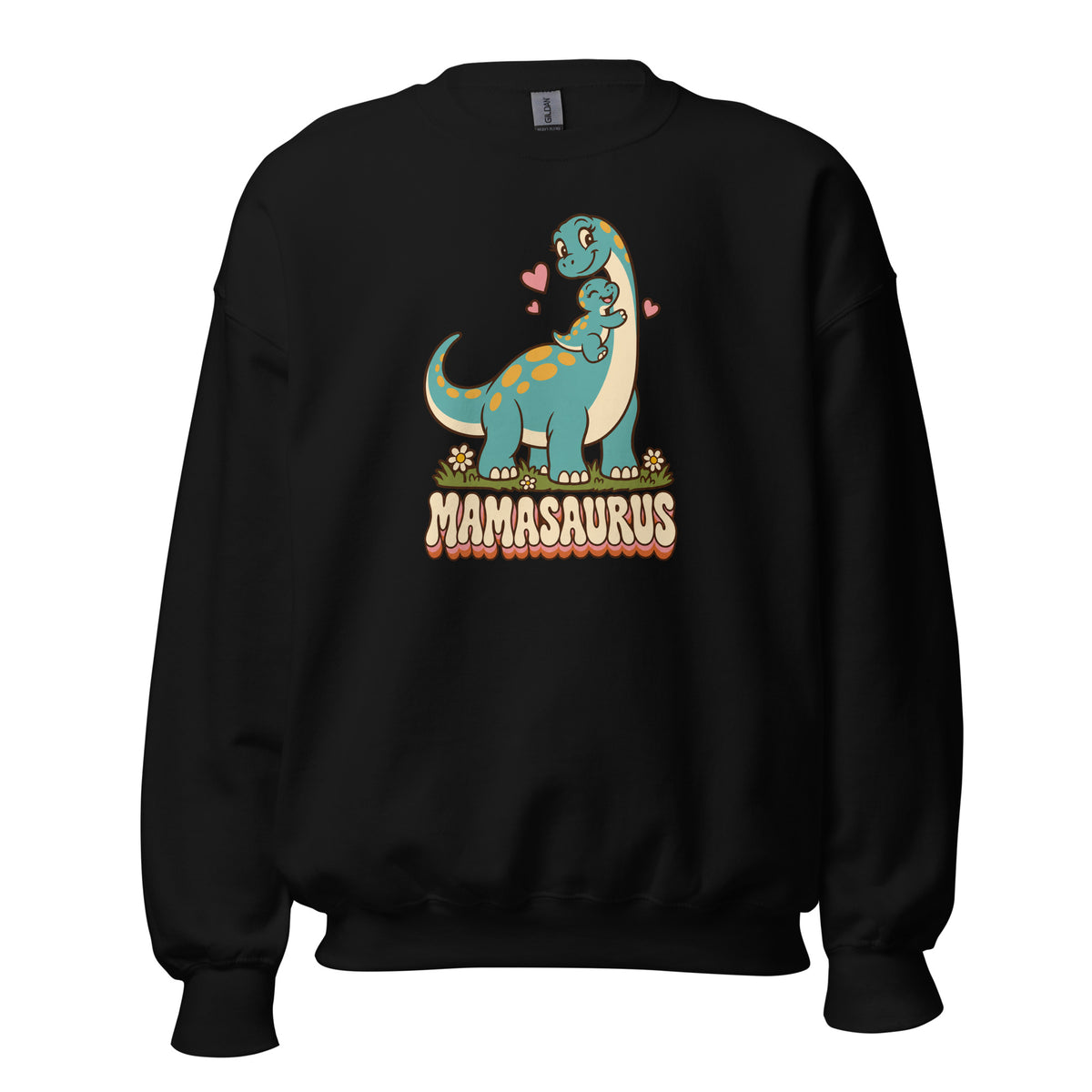 Retro Mamasaurus women's dinosaur crewneck sweatshirt with mama dinosaur and baby - Black - front view
