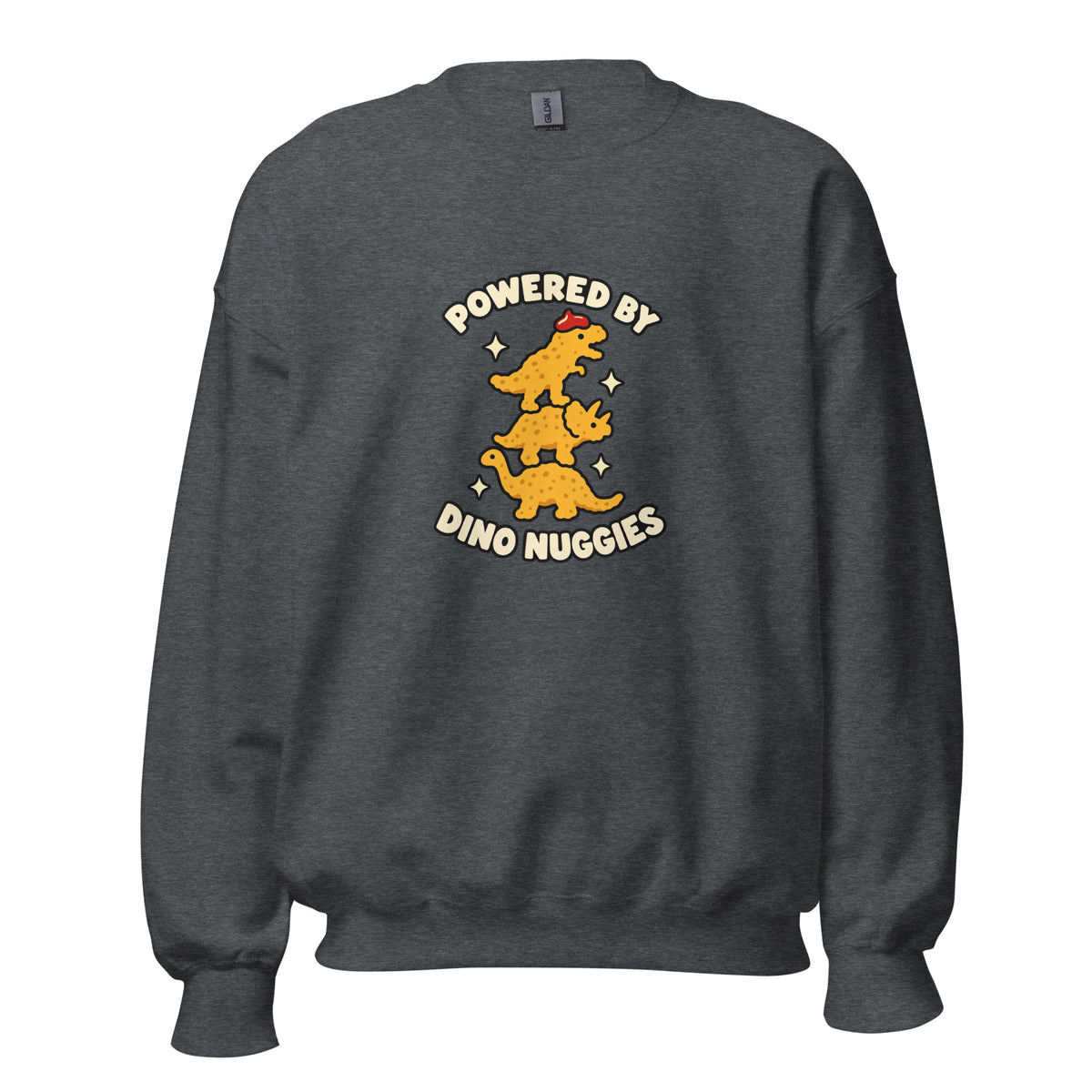 Dark Heather sweatshirt with Powered by Dino Nuggies design, front view