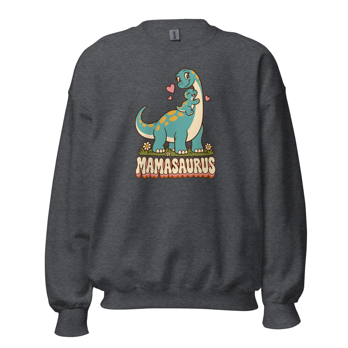 Retro Mamasaurus women's dinosaur crewneck sweatshirt with mama dinosaur and baby - Dark Heather - front view