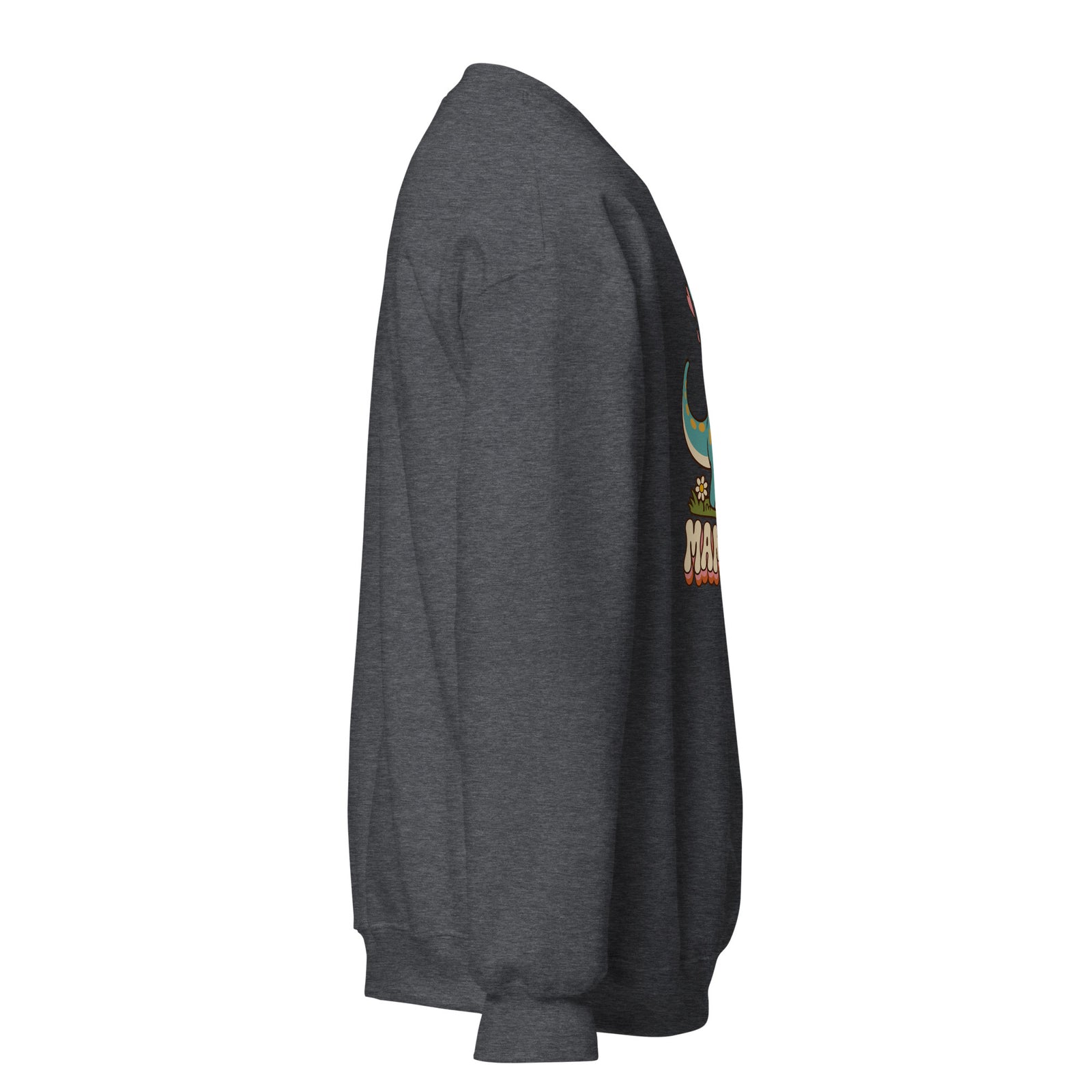 Retro Mamasaurus women's dinosaur crewneck sweatshirt with mama dinosaur and baby - Dark Heather - right view