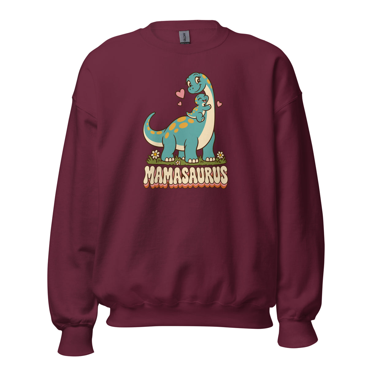 Retro Mamasaurus women's dinosaur crewneck sweatshirt with mama dinosaur and baby - Maroon - front view