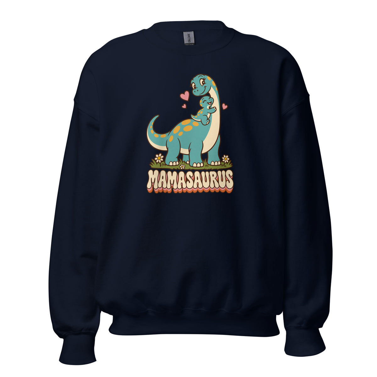 Retro Mamasaurus women's dinosaur crewneck sweatshirt with mama dinosaur and baby - Navy - front view