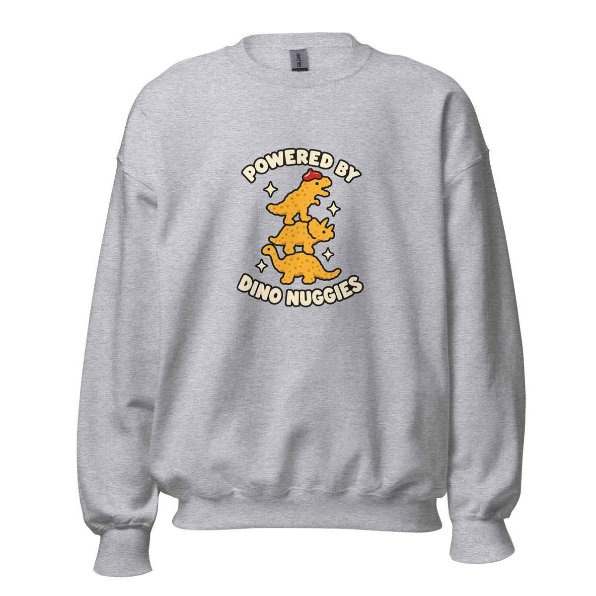Sport Grey sweatshirt with Powered by Dino Nuggies design, front view