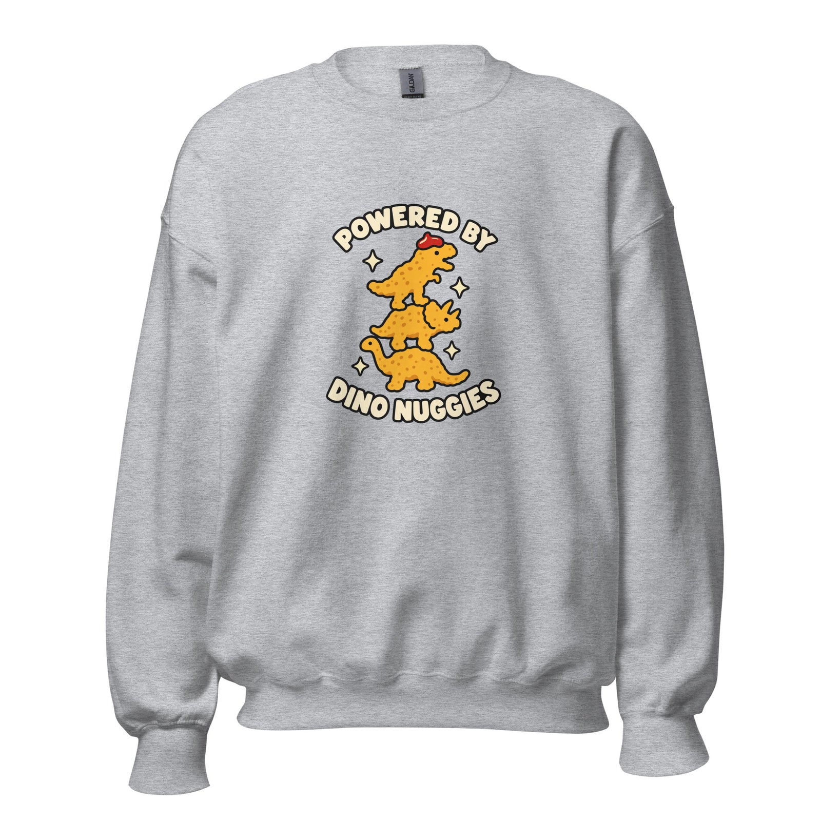 Sport Grey sweatshirt with Powered by Dino Nuggies design, front view