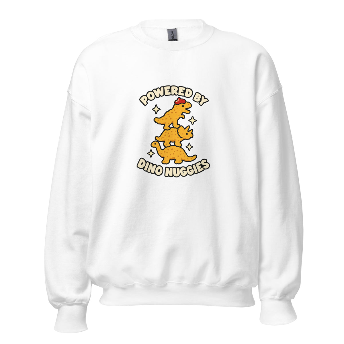 White sweatshirt with Powered by Dino Nuggies design, front view