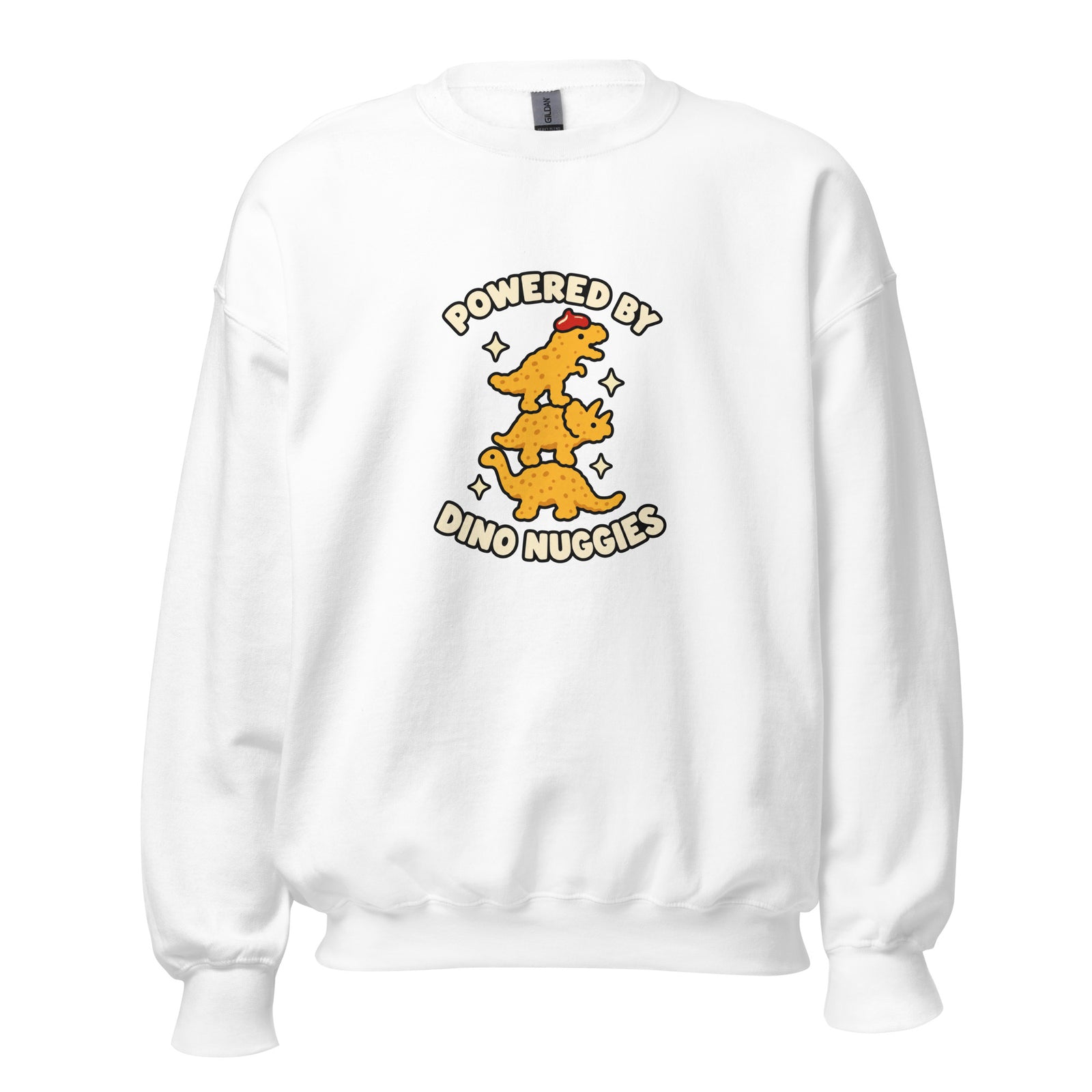 White sweatshirt with Powered by Dino Nuggies design, front view