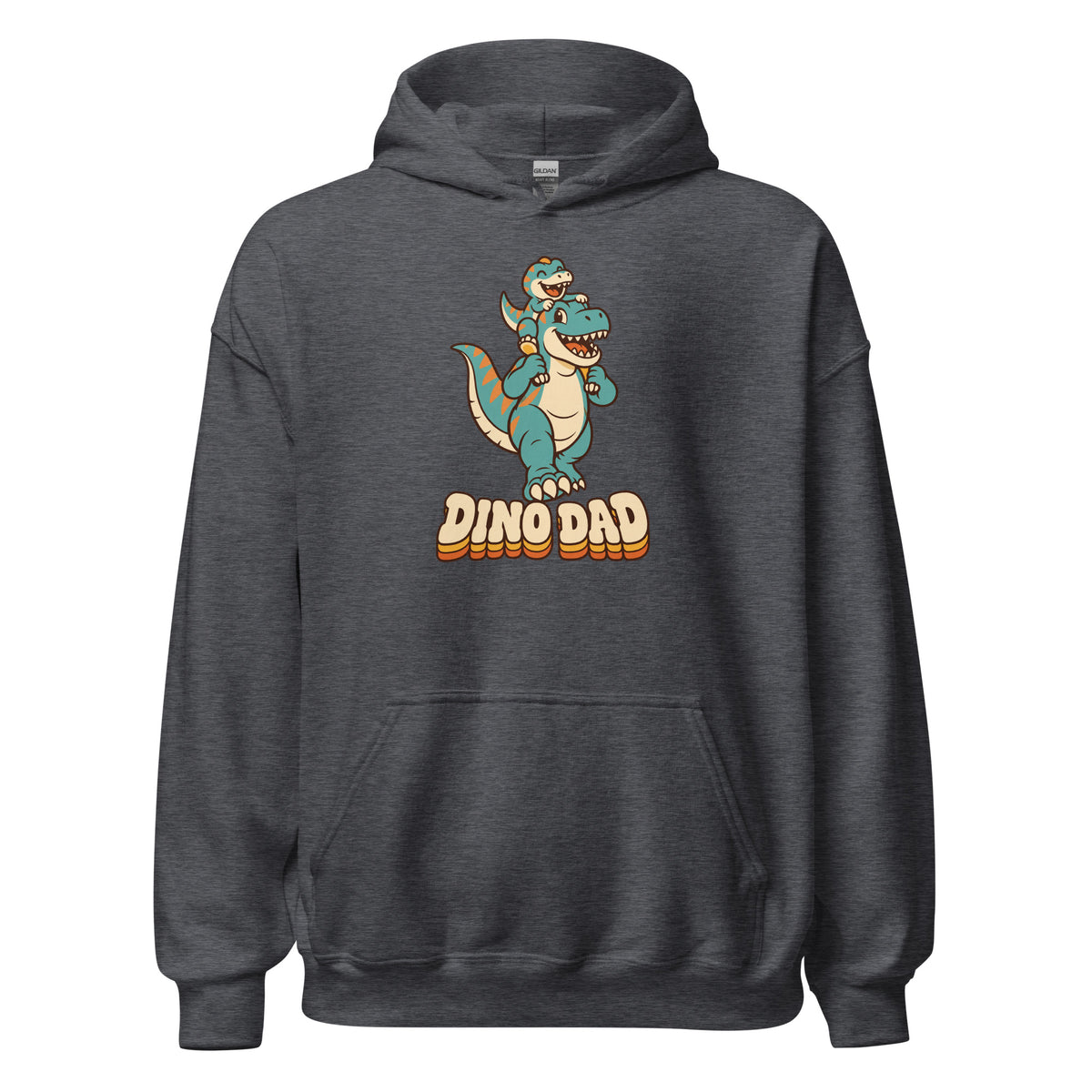 Piggyback Dino Dad dinosaur hoodie with T-Rex dad and baby dino - Dark Heather - front view