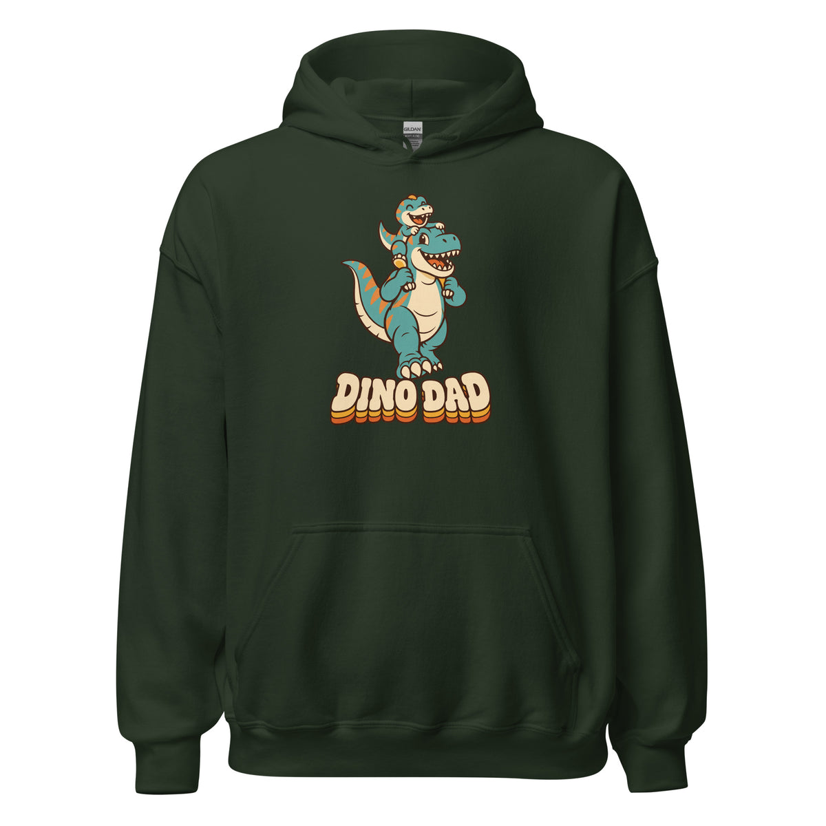 Piggyback Dino Dad dinosaur hoodie with T-Rex dad and baby dino - Forest Green - front view