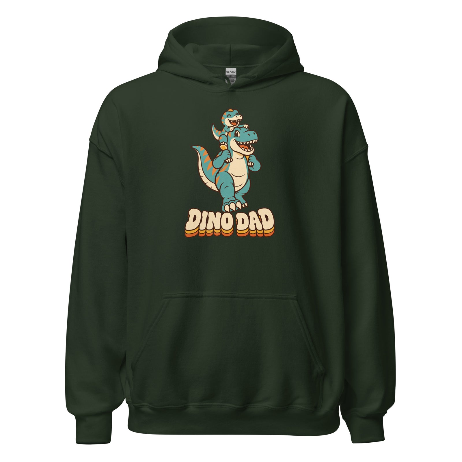 Piggyback Dino Dad dinosaur hoodie with T-Rex dad and baby dino - Forest Green - front view