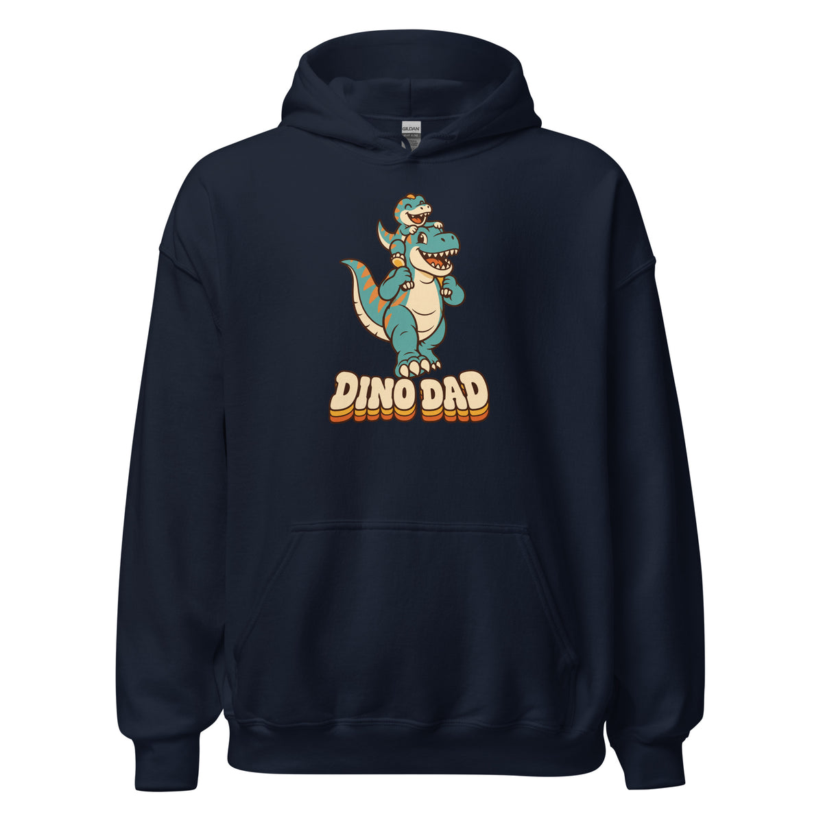 Piggyback Dino Dad dinosaur hoodie with T-Rex dad and baby dino - Navy - front view