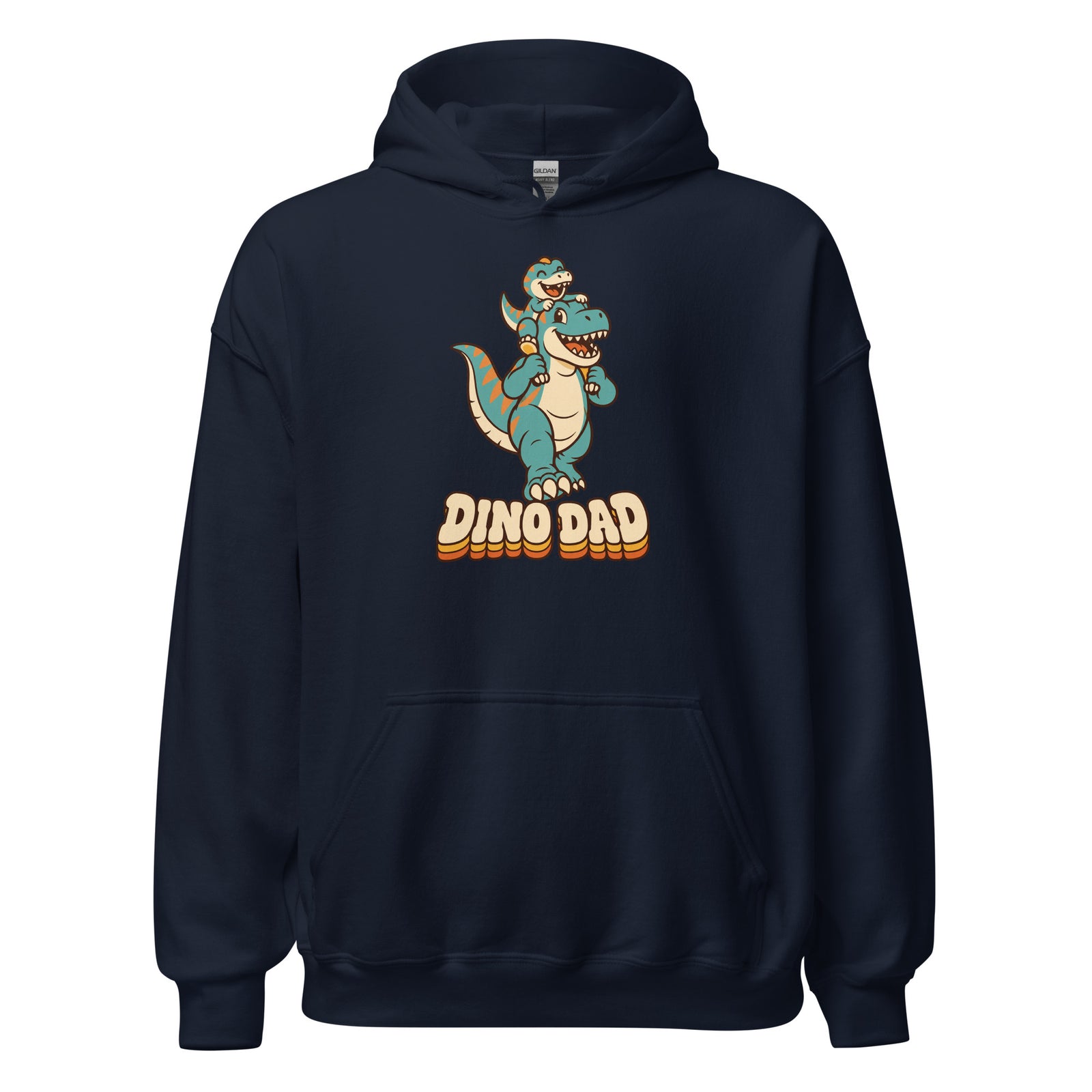 Piggyback Dino Dad dinosaur hoodie with T-Rex dad and baby dino - Navy - front view