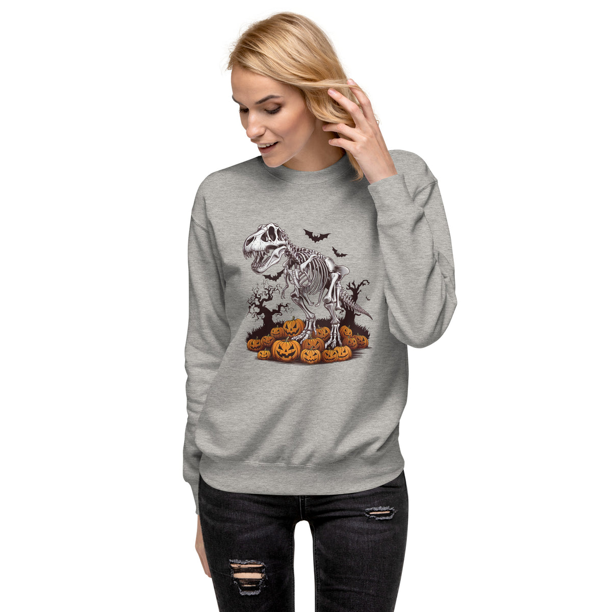 Skeleton &amp; Pumpkins - Premium Dinosaur Sweatshirt