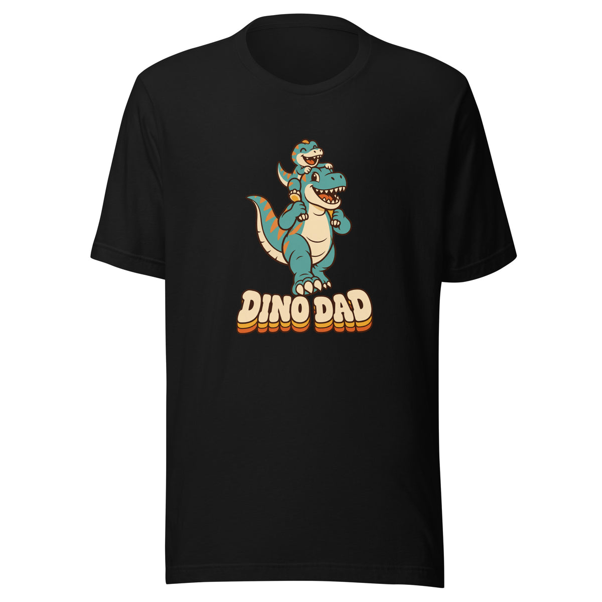Piggyback Dino Dad men's dinosaur t-shirt with T-Rex dad carrying baby dino - Black - front view