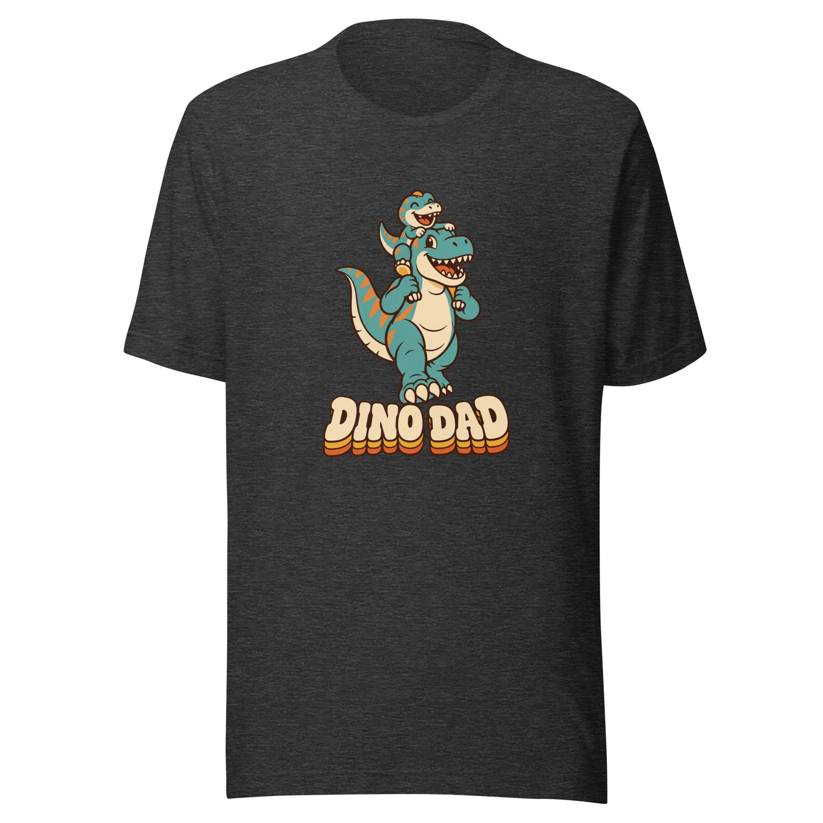 Piggyback Dino Dad men's dinosaur t-shirt with T-Rex dad carrying baby dino - Dark Grey Heather - front view