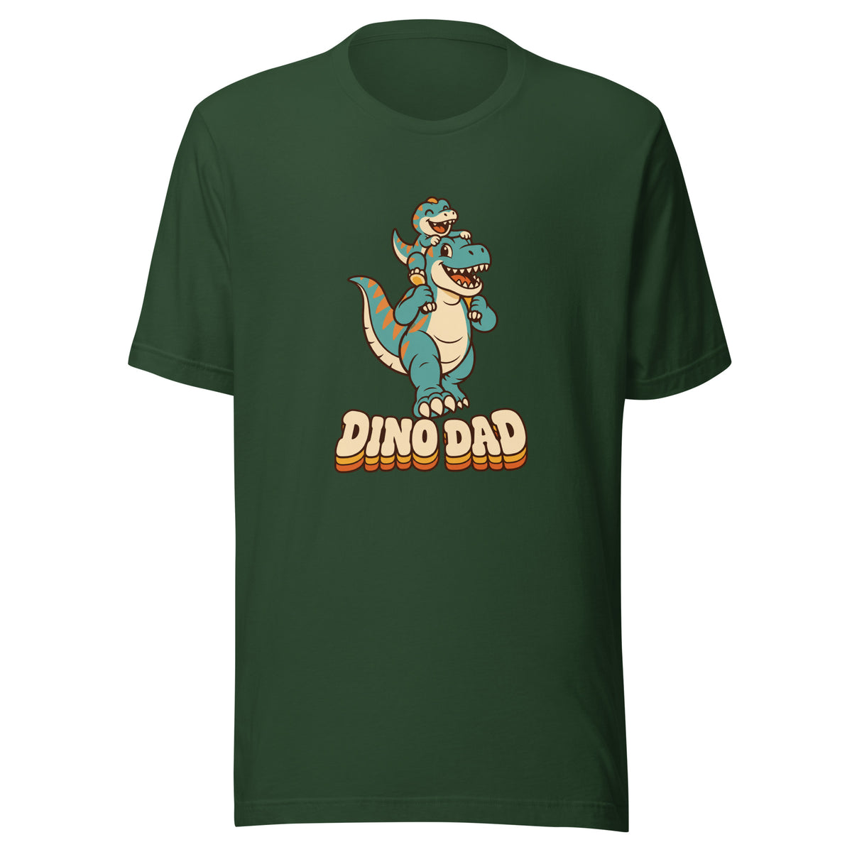 Piggyback Dino Dad men's dinosaur t-shirt with T-Rex dad carrying baby dino - Forest - front view