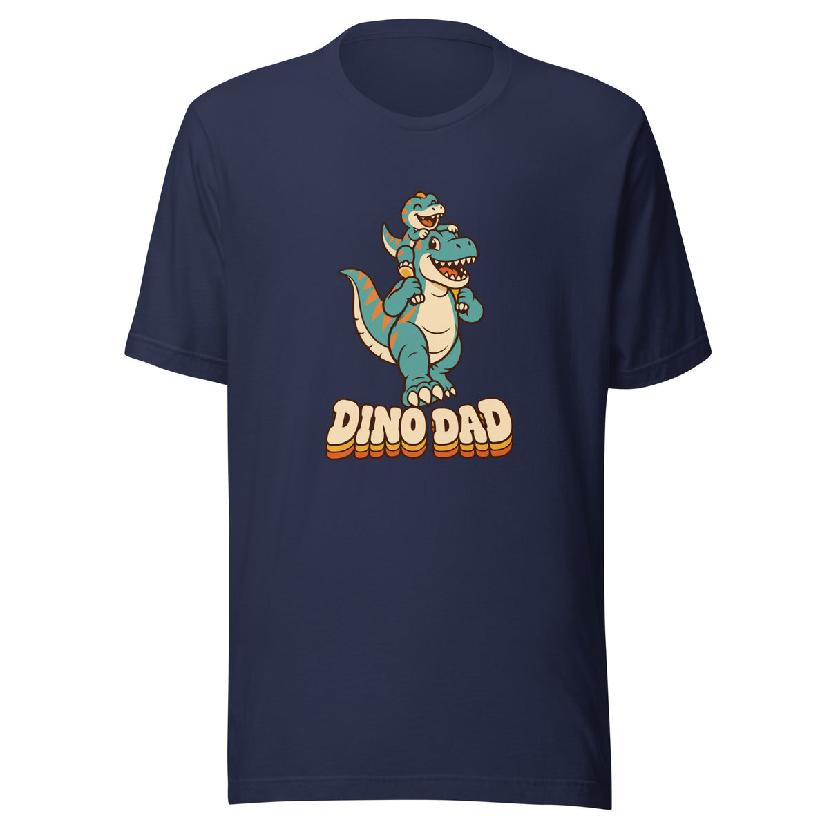 Piggyback Dino Dad men's dinosaur t-shirt with T-Rex dad carrying baby dino - Navy - front view