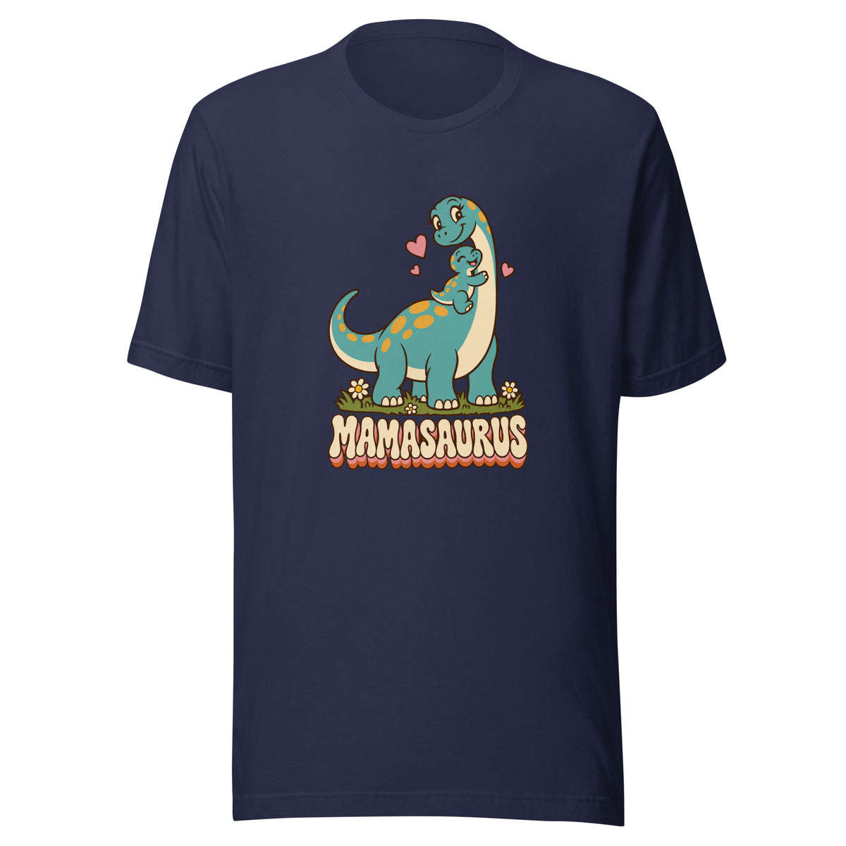 Retro Mamasaurus women's dinosaur t-shirt with mama dinosaur hugging baby - Navy - front view