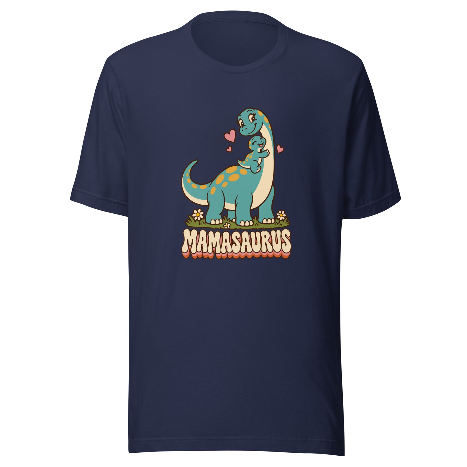 Retro Mamasaurus women's dinosaur t-shirt with mama dinosaur hugging baby - Navy - front view