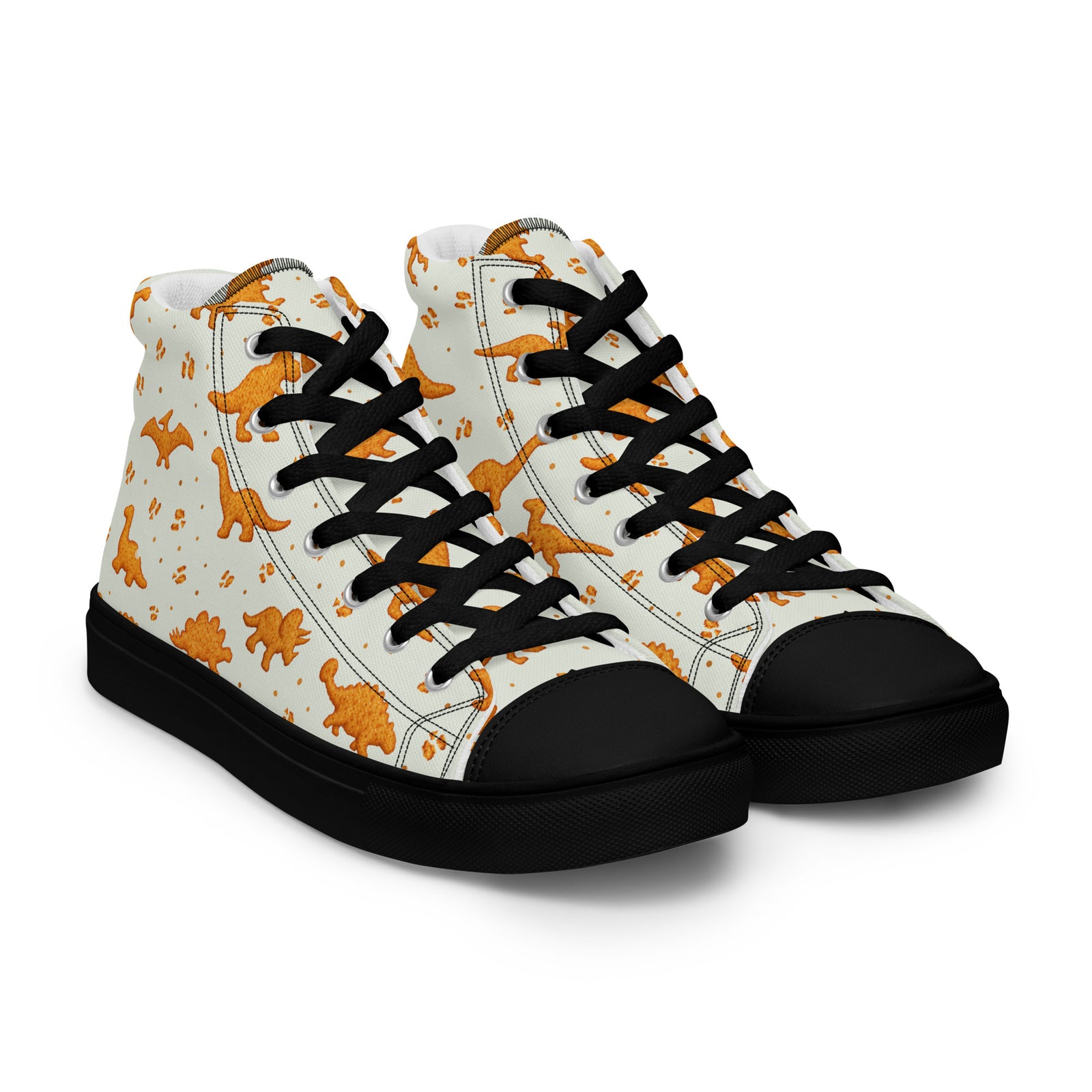Dino Nuggies women's dinosaur high top shoes with white soles, crispy dinosaur-shaped chicken nuggets printed on pale mint canvas