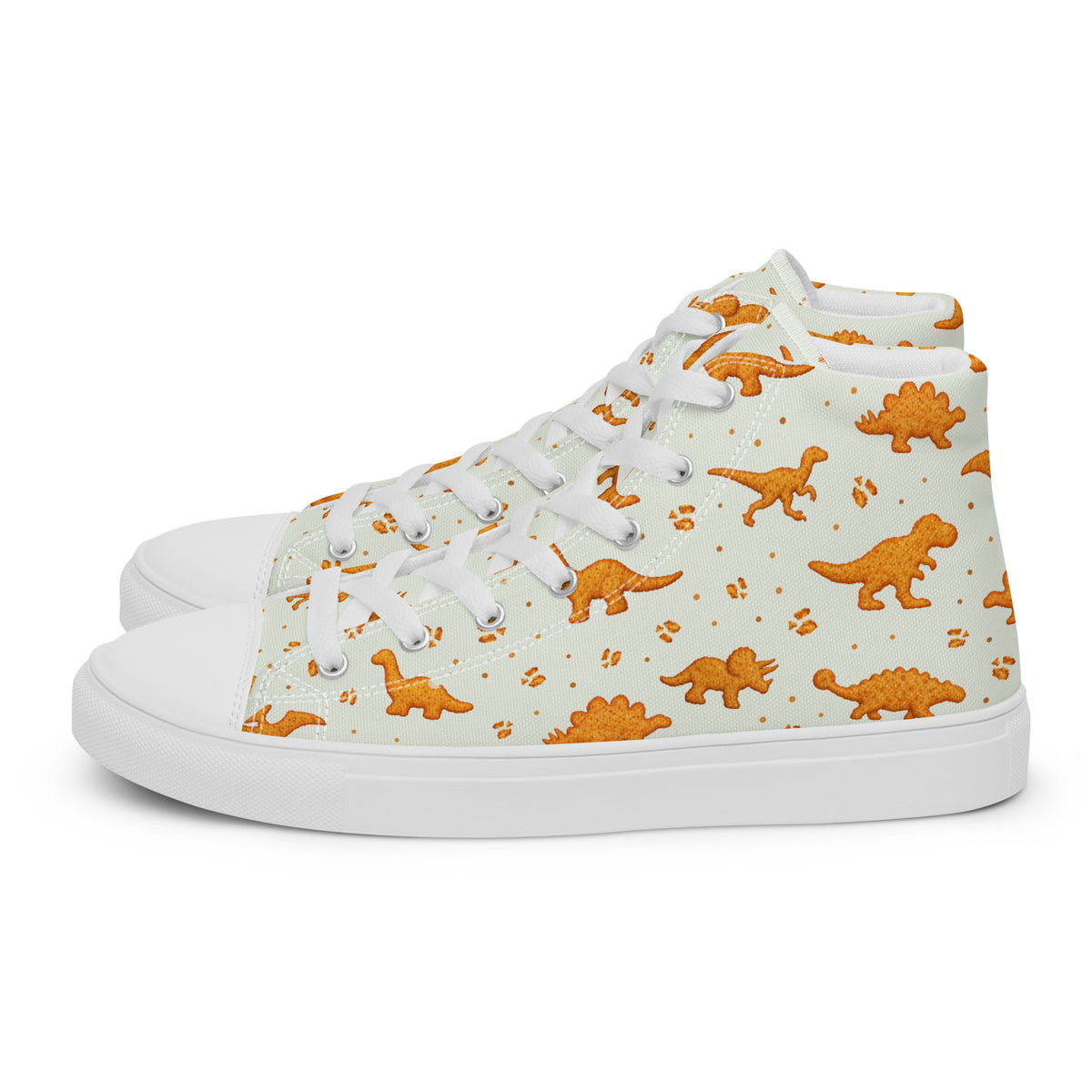 Side view of the Dino Nuggies dinosaur high top sneaker showing T-rex, brontosaurus and stegosaurus nugget print