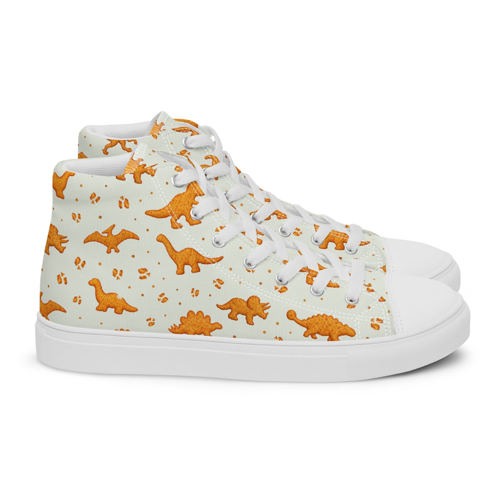 Side view of the Dino Nuggies dinosaur high top sneaker showing T-rex, brontosaurus and stegosaurus nugget print