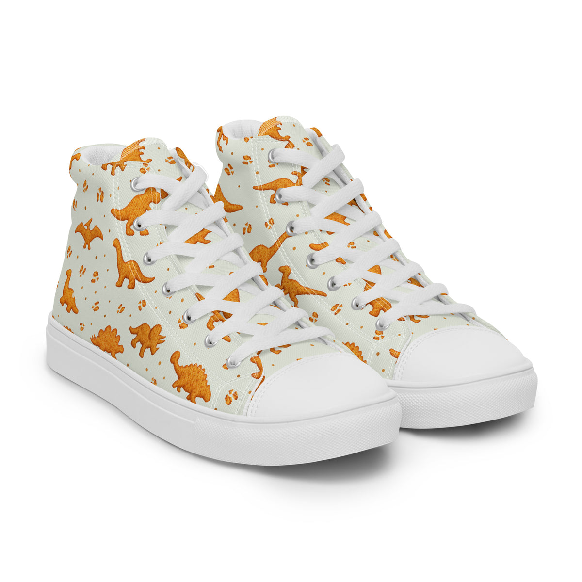 Dino Nuggies women's dinosaur high top shoes with white soles, crispy dinosaur-shaped chicken nuggets printed on pale mint canvas