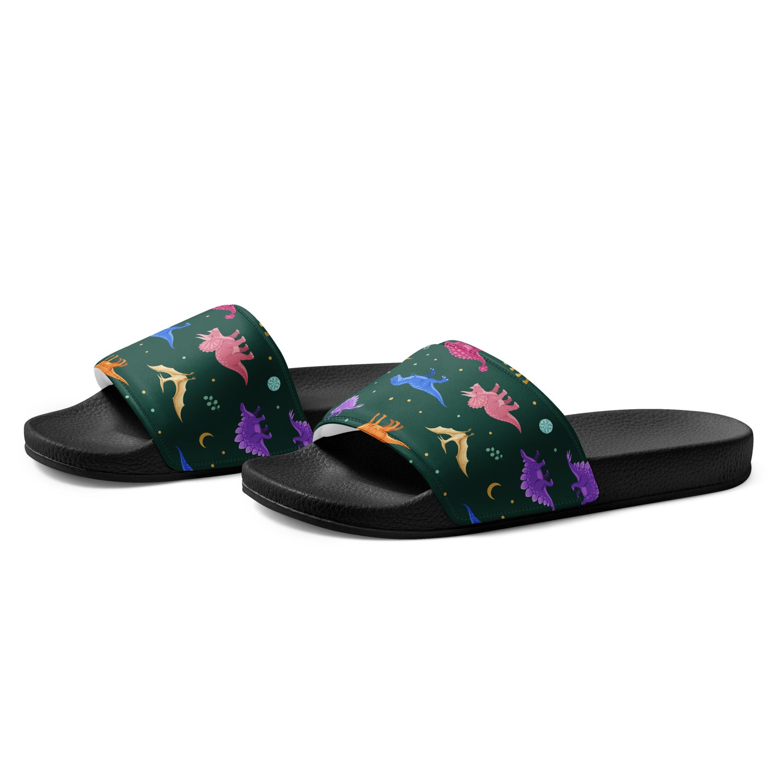 Angled view of Emerald Jewel Dinos dinosaur slides showing the cushioned printed strap