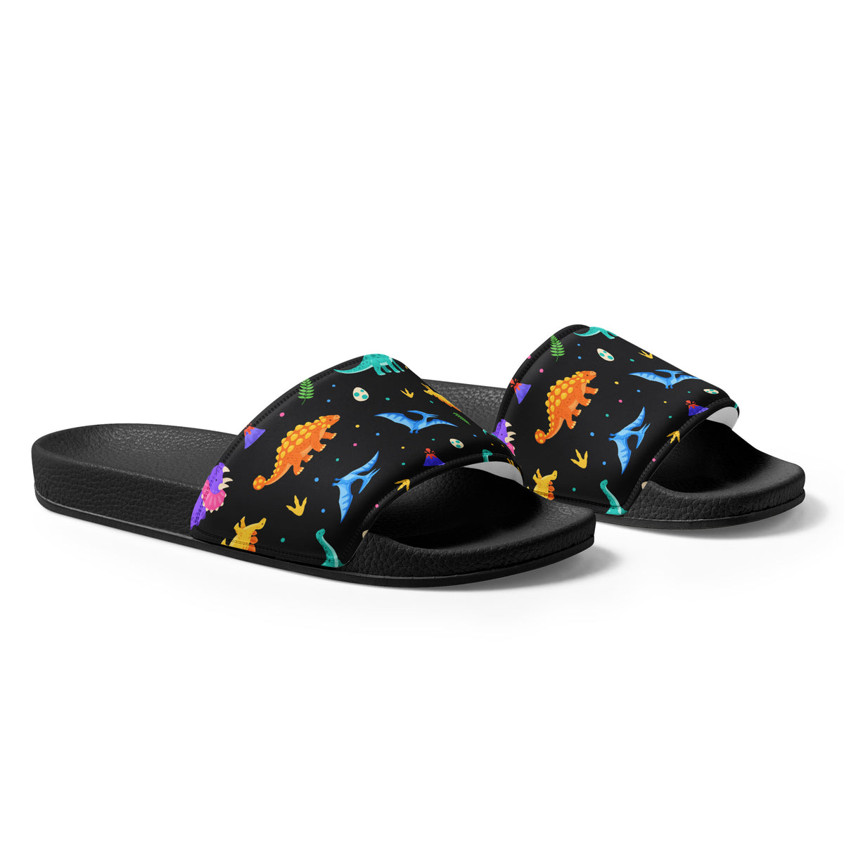 Angled view of Bright Dinos dinosaur slides showing the cushioned printed strap