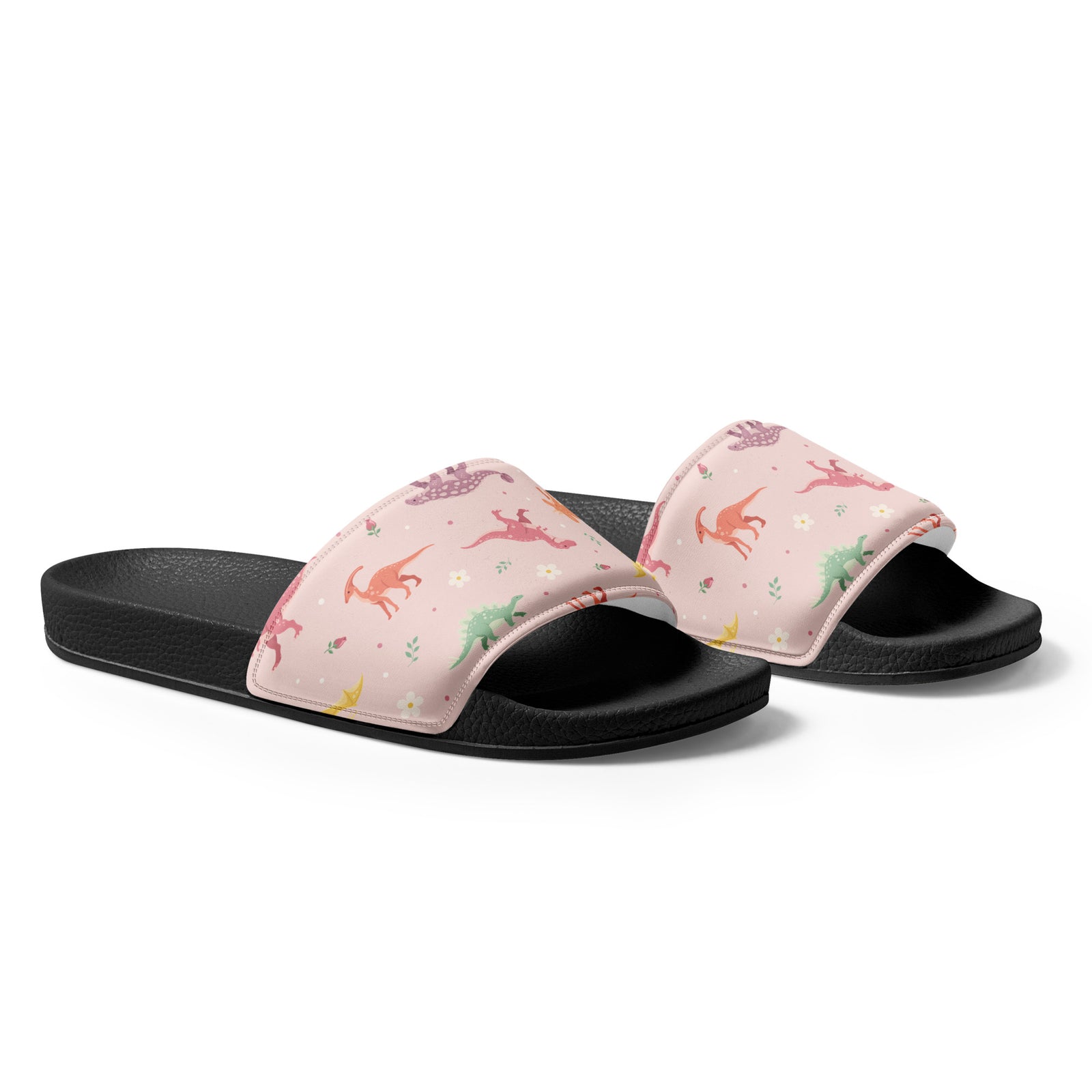 Angled view of Blush Bloom Dinos dinosaur slides showing the cushioned printed strap