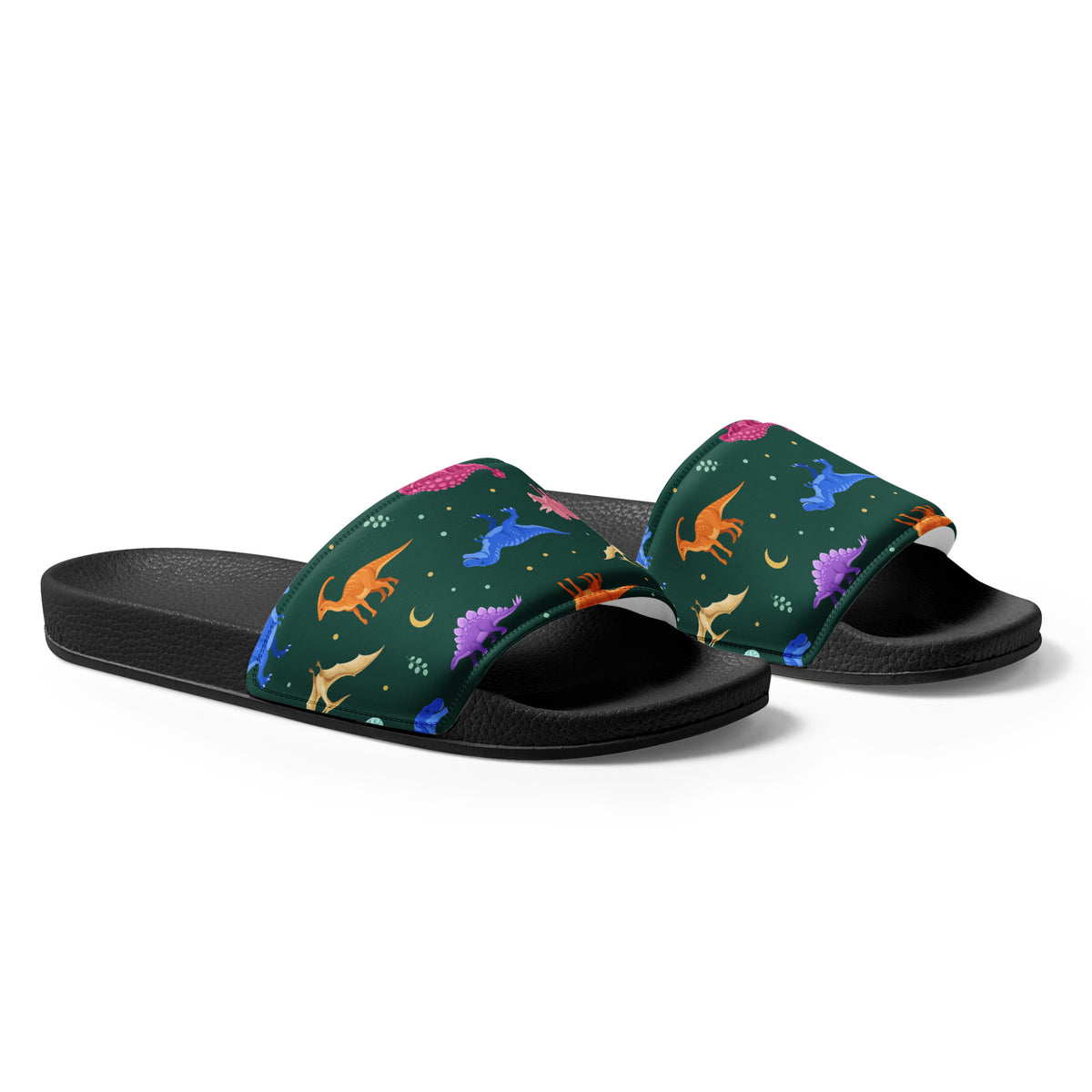 Angled view of Emerald Jewel Dinos dinosaur slides showing the cushioned printed strap