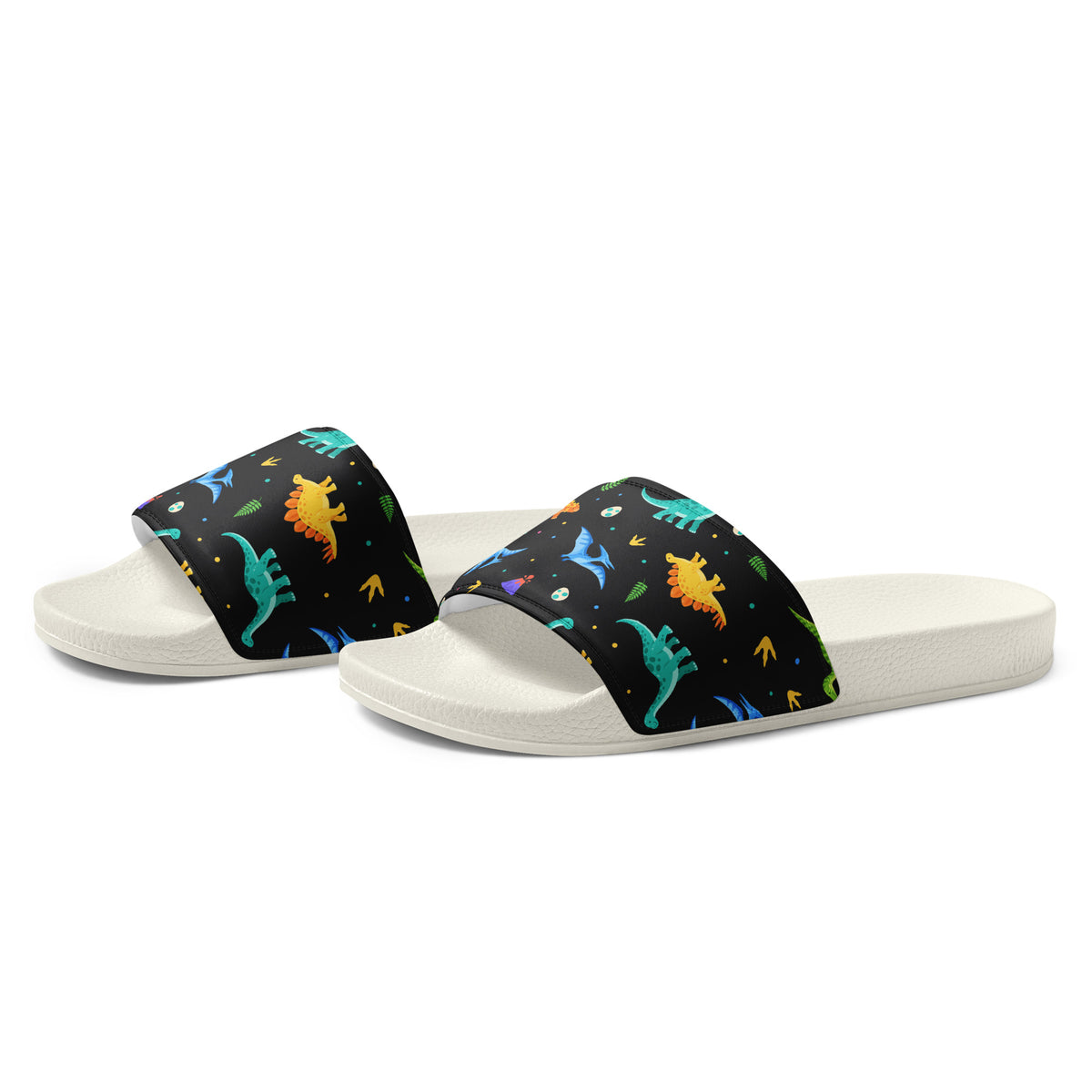 Angled view of Bright Dinos dinosaur slides showing the cushioned printed strap