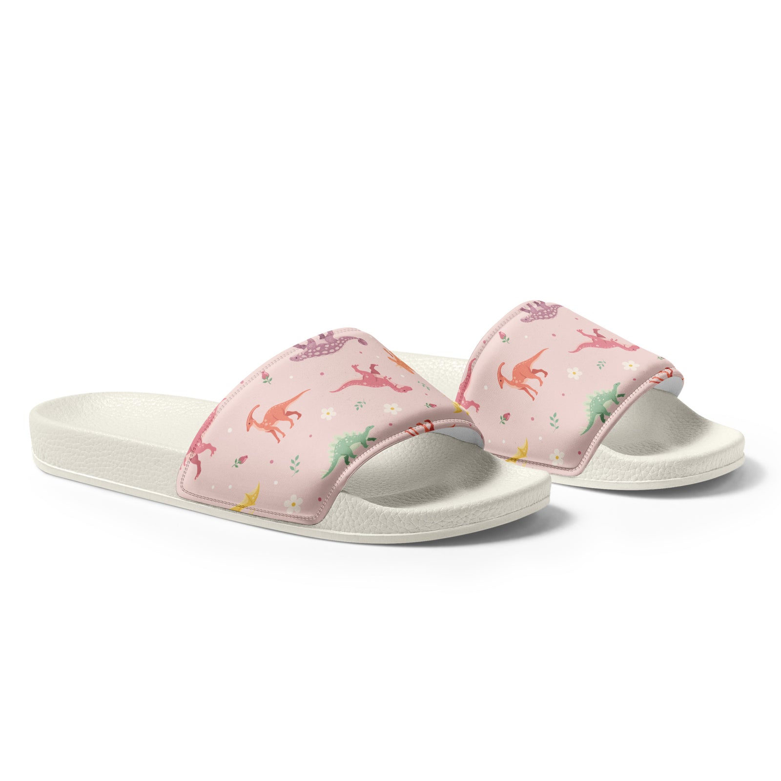 Angled view of Blush Bloom Dinos dinosaur slides showing the cushioned printed strap