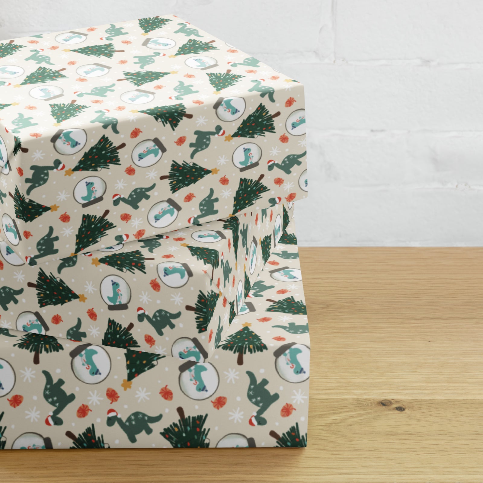 Snow Globe Dinosaur - Dinosaur Christmas Wrapping Paper