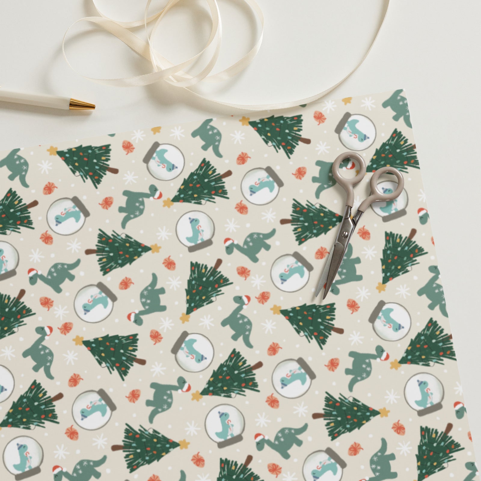 Snow Globe Dinosaur - Dinosaur Christmas Wrapping Paper